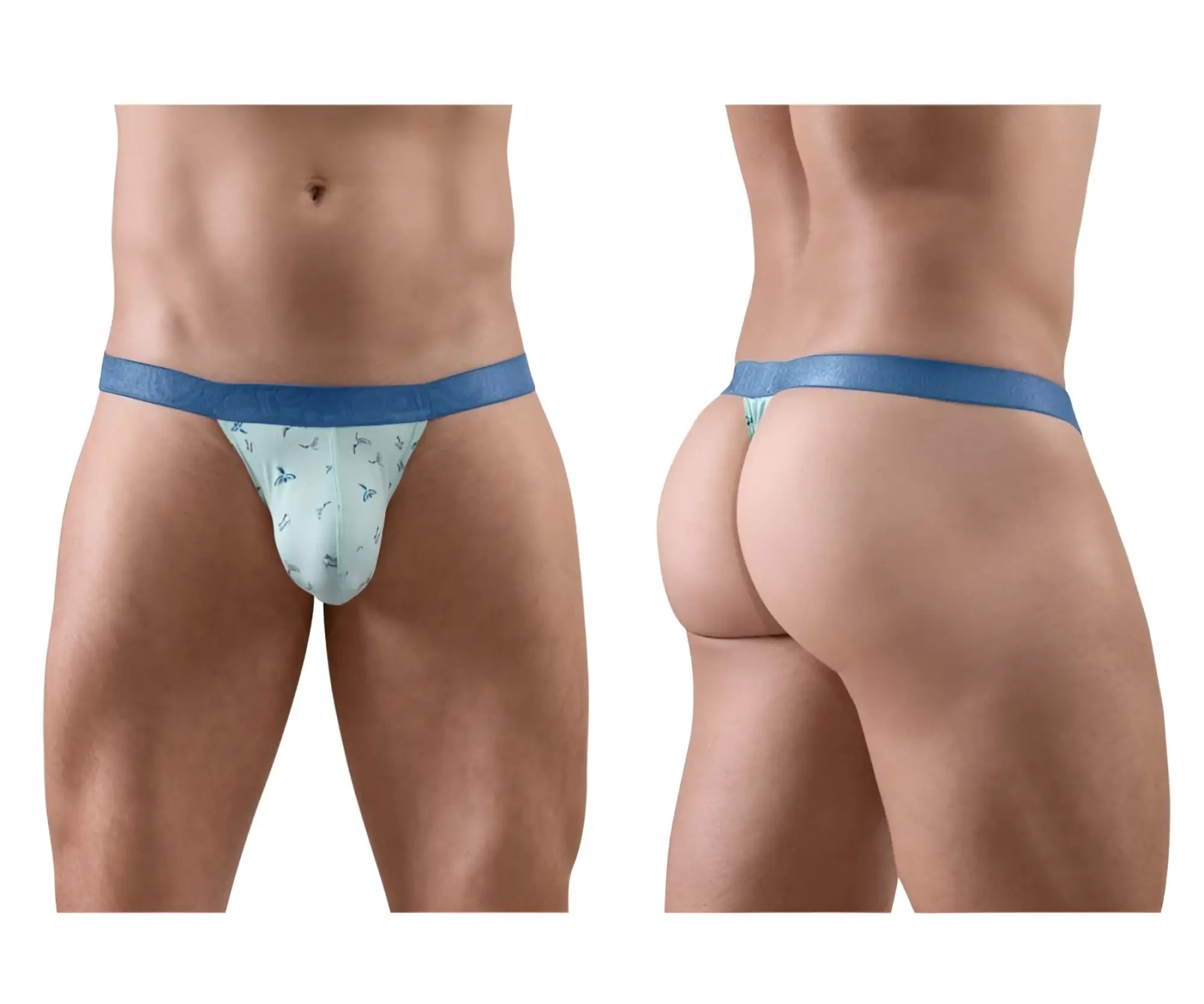 Light blue ergoWear ew1776 slk se g-string with subtle pattern and solid blue waistband shown from the back side