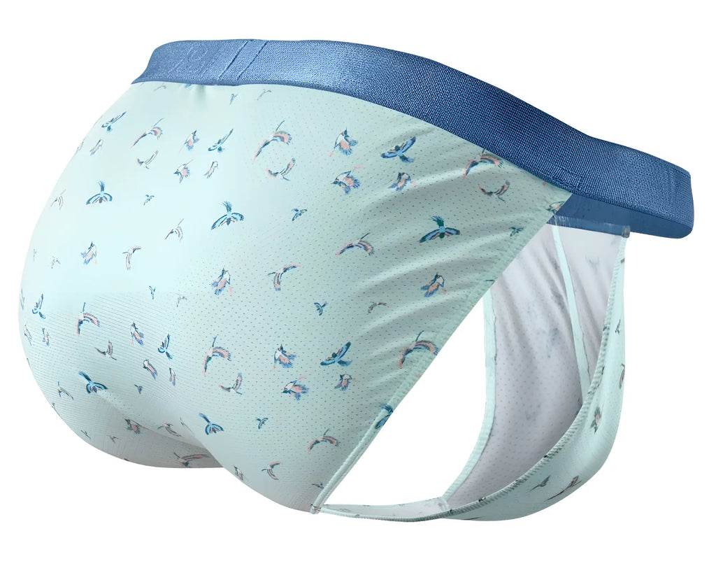 Light blue ergo wear ew1777 slk se bikini briefs with colorful bird pattern and navy blue elastic waistband