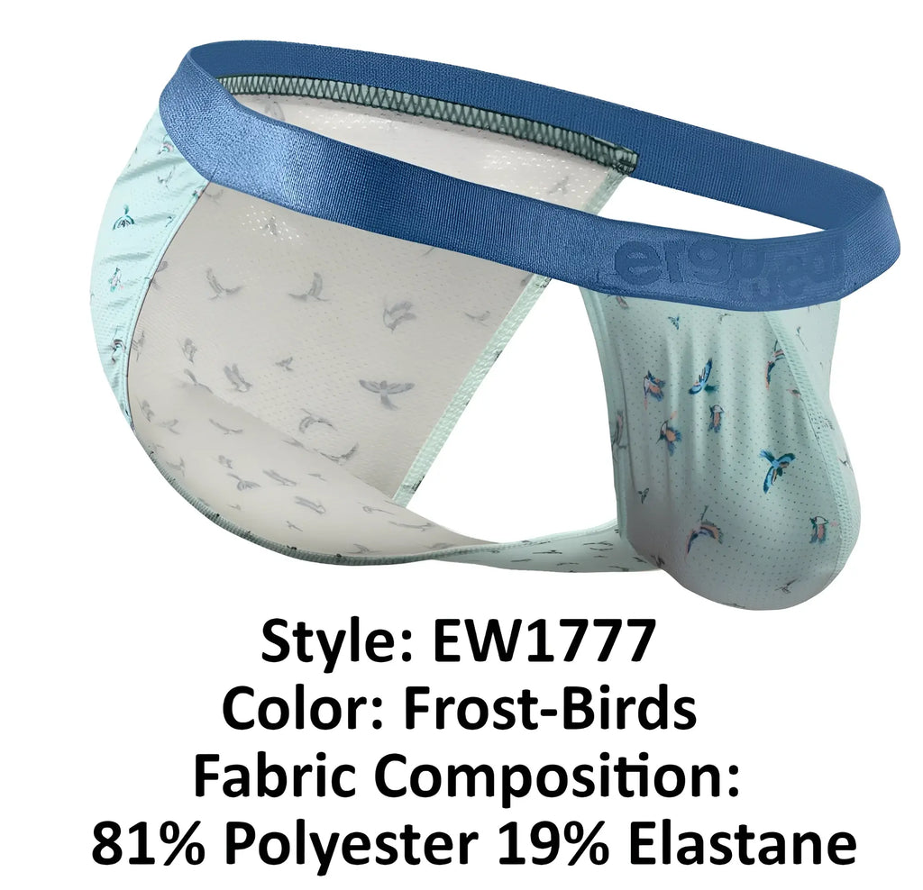 ErgoWear EW1777 SLK SE bikini briefs in light blue and white with bird patterned satin-like waistband