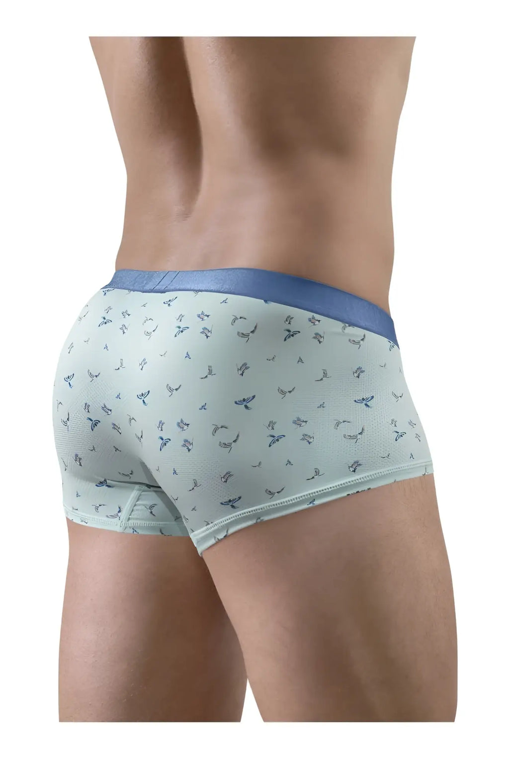 Light blue ergo wear ew1778 slk se trunks with subtle dark blue bird pattern and solid navy waistband