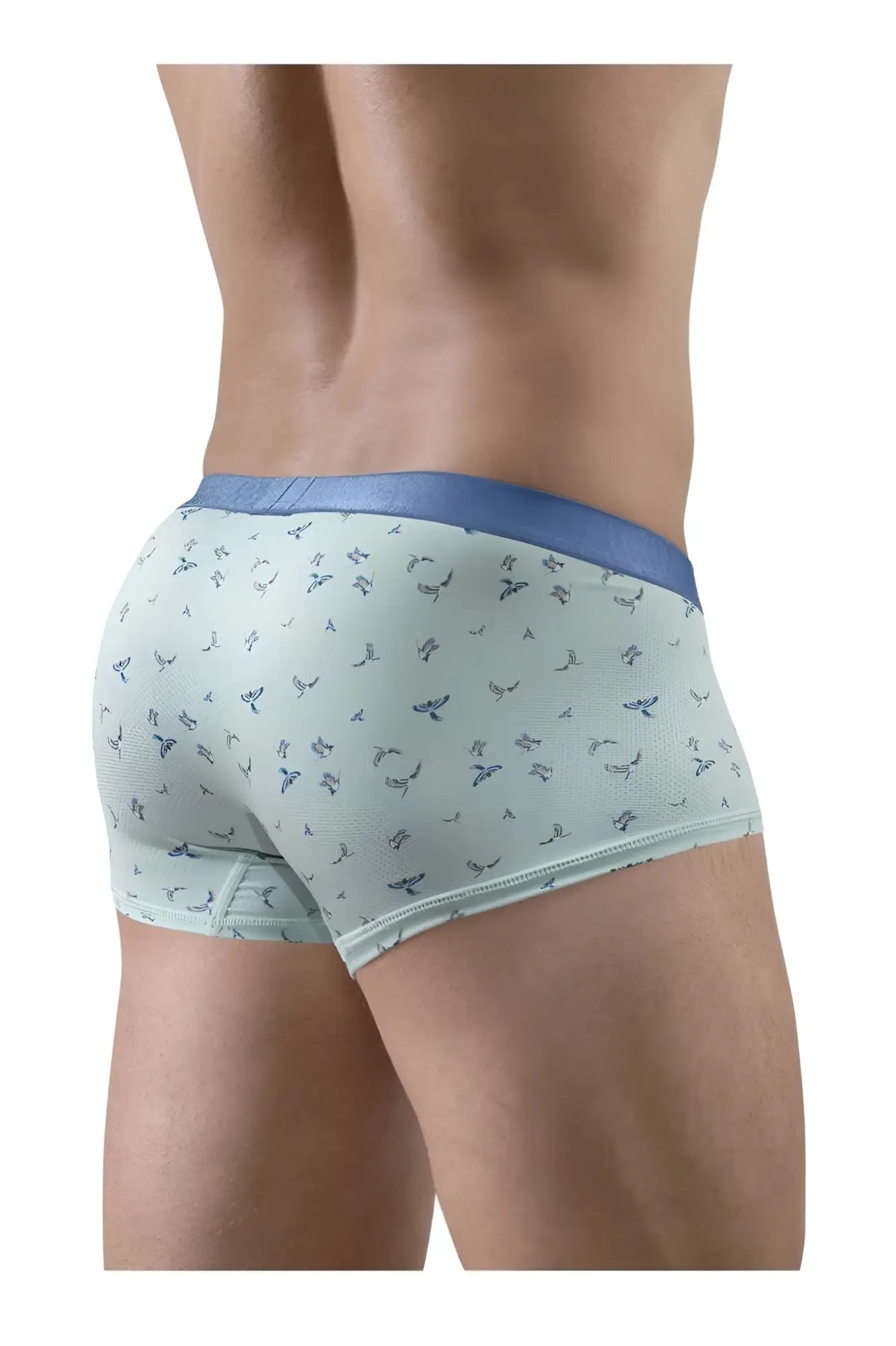 Light blue ergo wear ew1778 slk se trunks with subtle dark blue bird pattern and solid navy waistband