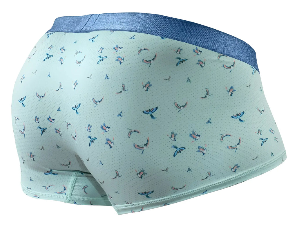 Light blue ergo wear ew1778 slk se trunks with small blue and pink birds and a navy elastic waistband