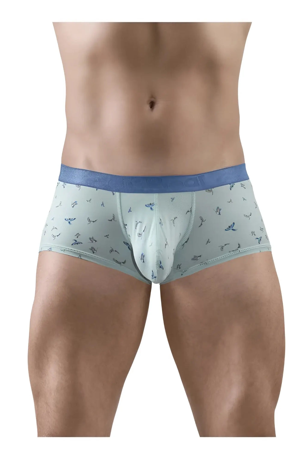 Light blue men’s ergoWear ew1778 slk se trunks with subtle bird pattern and solid blue waistband front view