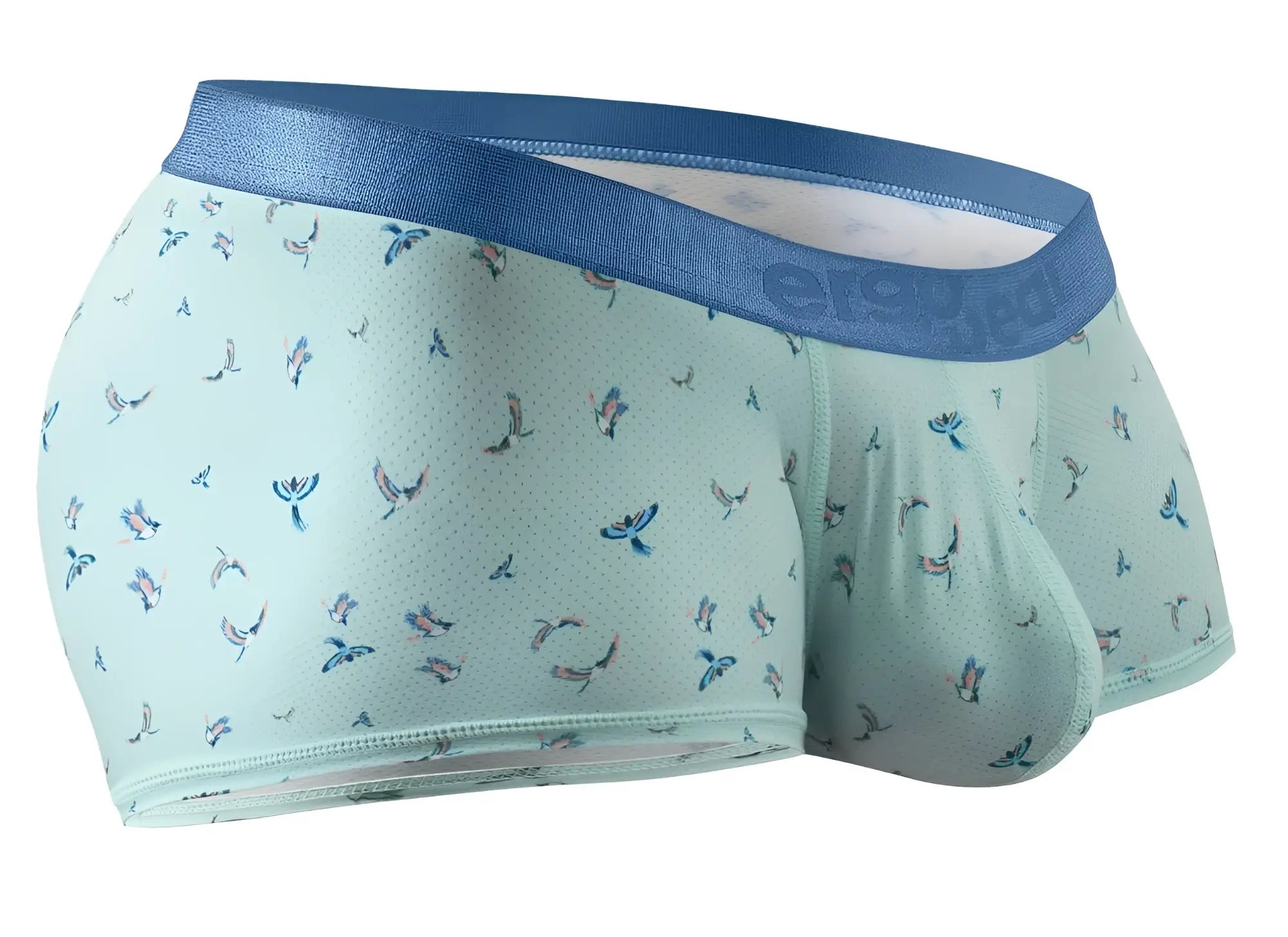 ErgoWear EW1778 SLK SE trunks in light blue with colorful bird pattern and dark blue elastic waistband for men