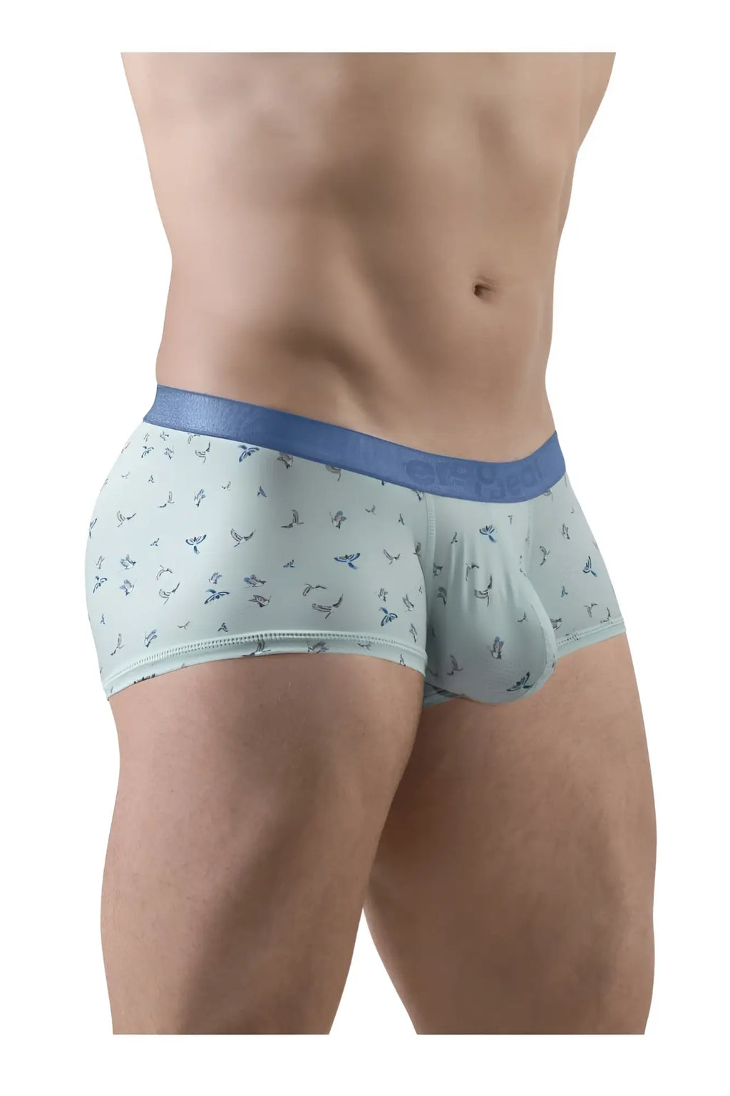 Light blue men’s ergoWear ew1778 slk se trunks with dark blue whale pattern and solid blue elastic waistband