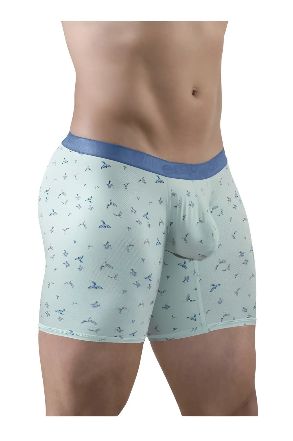 Light blue ergoWear ew1779 SLK SE boxer briefs with subtle butterfly pattern and solid blue waistband