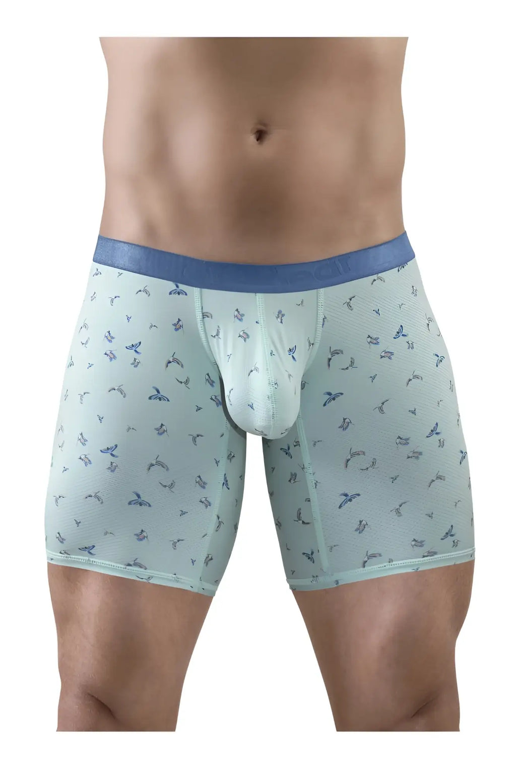 Light blue ErgoWear ew1779 slk se boxer briefs with subtle bird pattern and dark blue waistband in frost-birds color
