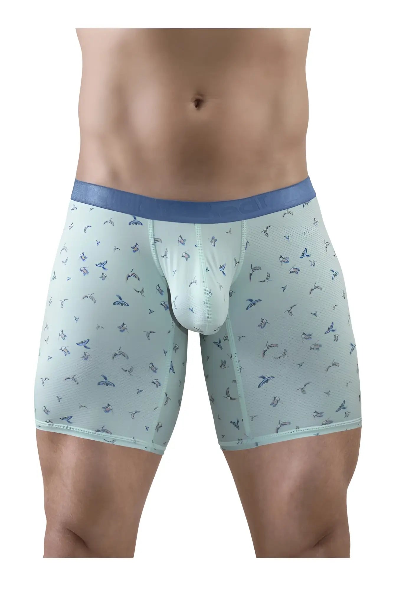 Light blue ErgoWear ew1779 slk se boxer briefs with subtle bird pattern and dark blue waistband in frost-birds color
