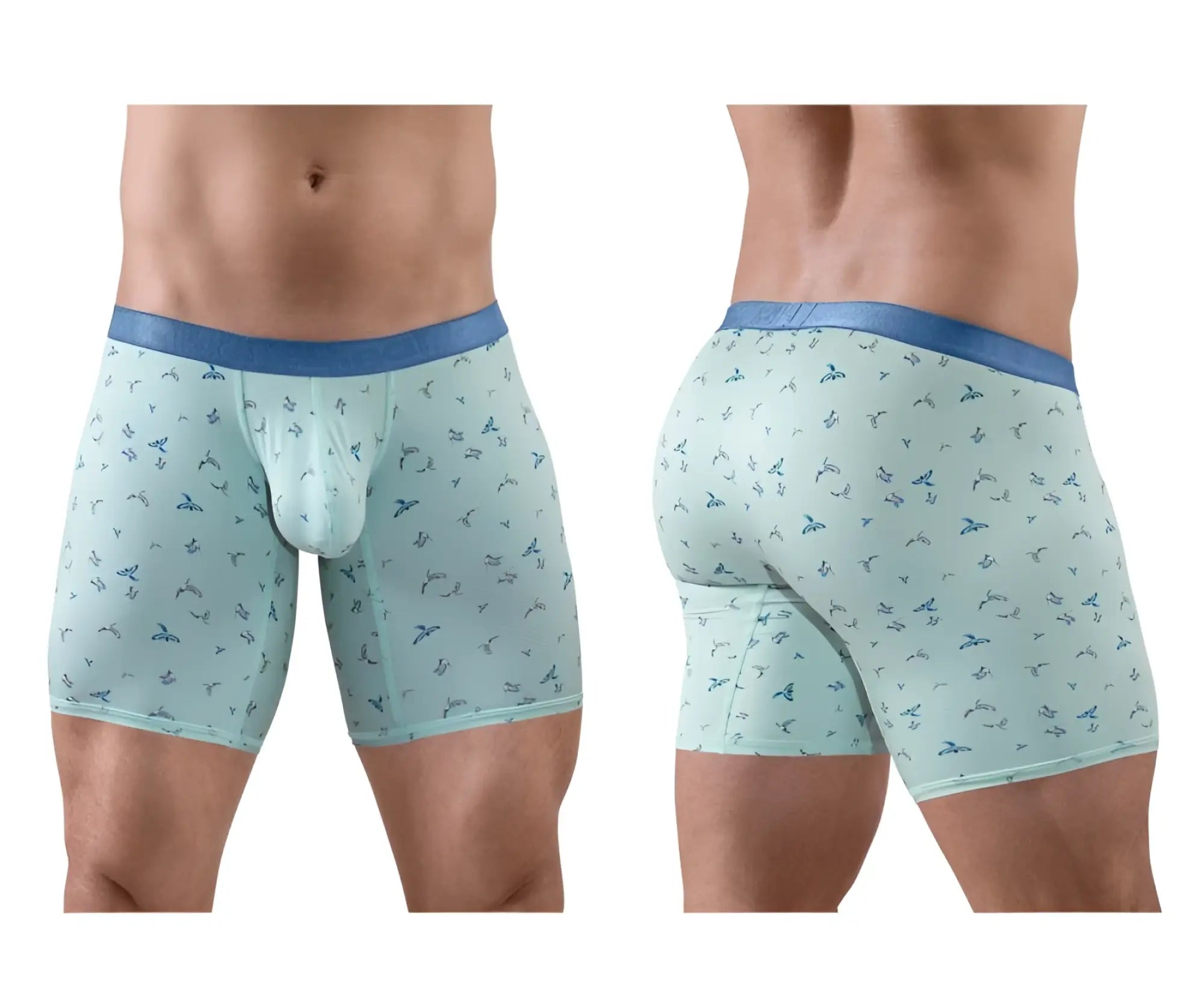 Light blue ergoWear ew1779 slk se boxer briefs with dark blue bird pattern and solid blue waistband