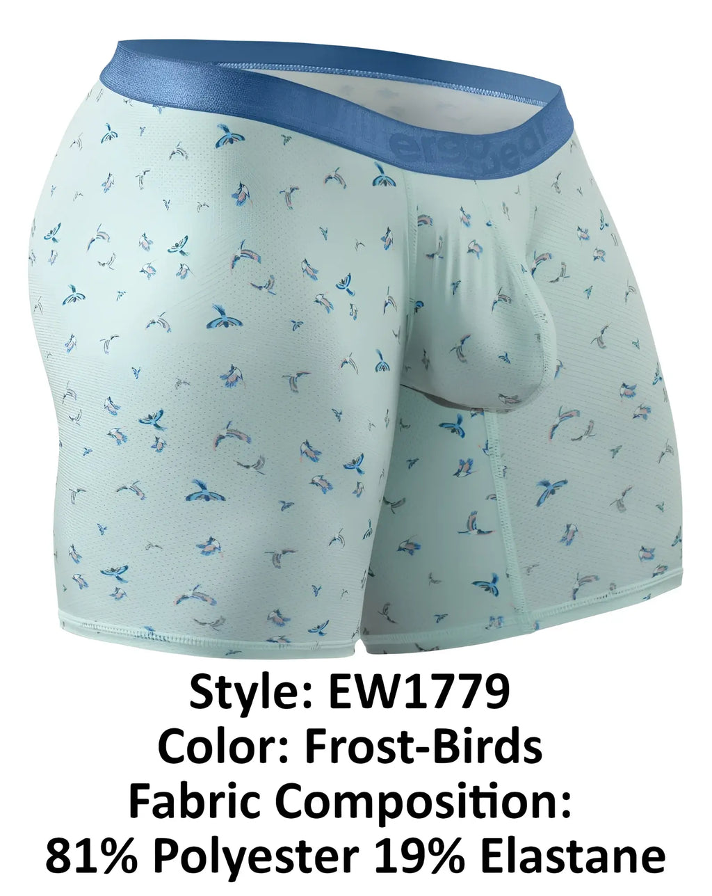 ErgoWear EW1779 SLK SE light blue boxer briefs with subtle frost-birds pattern in darker blue and gray tones