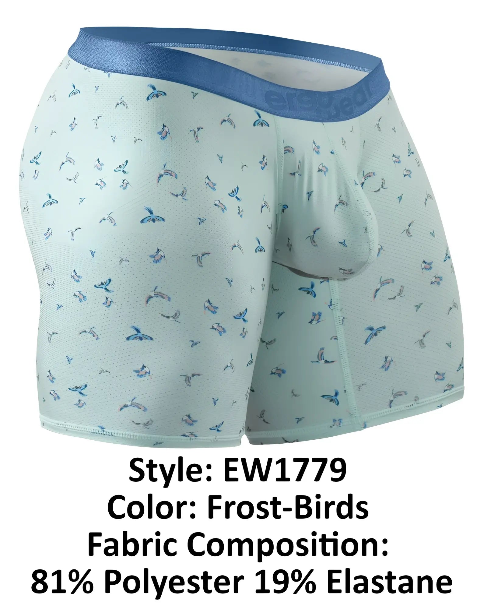 ErgoWear EW1779 SLK SE light blue boxer briefs with subtle frost-birds pattern in darker blue and gray tones
