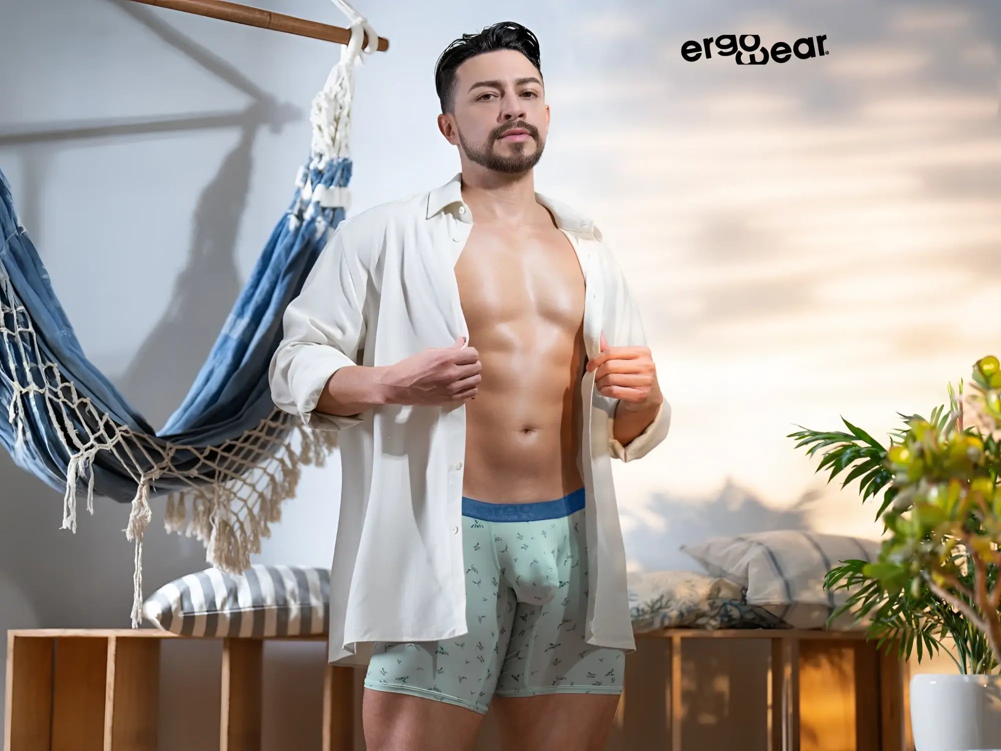 ErgoWear ew1779 slk se light green patterned boxer briefs with blue waistband soft fabric and subtle graphic design