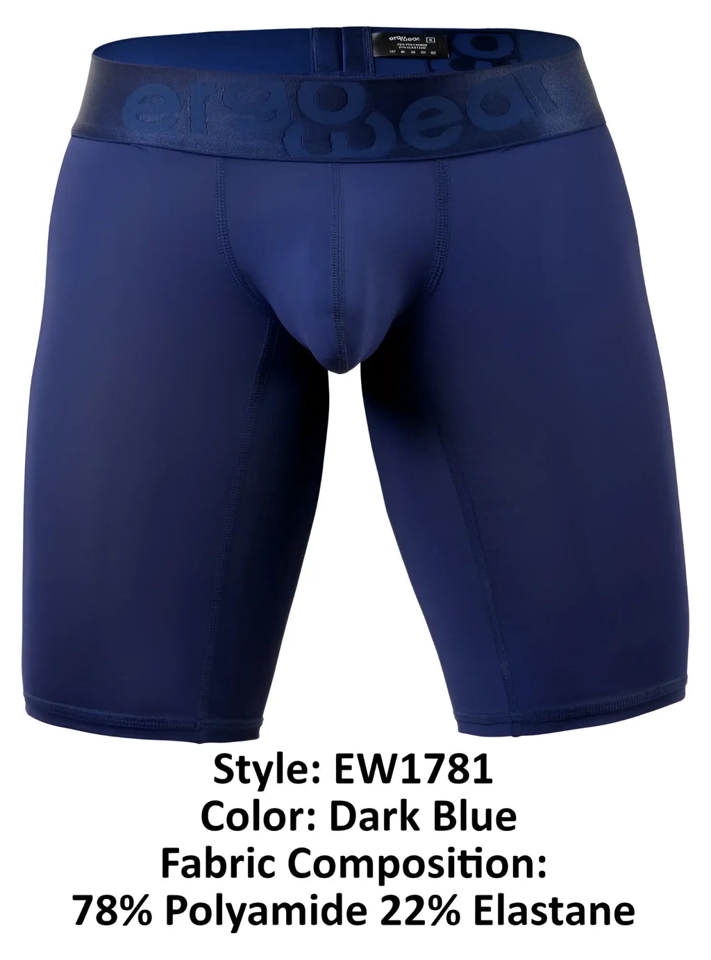 Dark blue ergoWear ew1781 max bold men’s boxer briefs with matching embossed begood waistband for athletic use