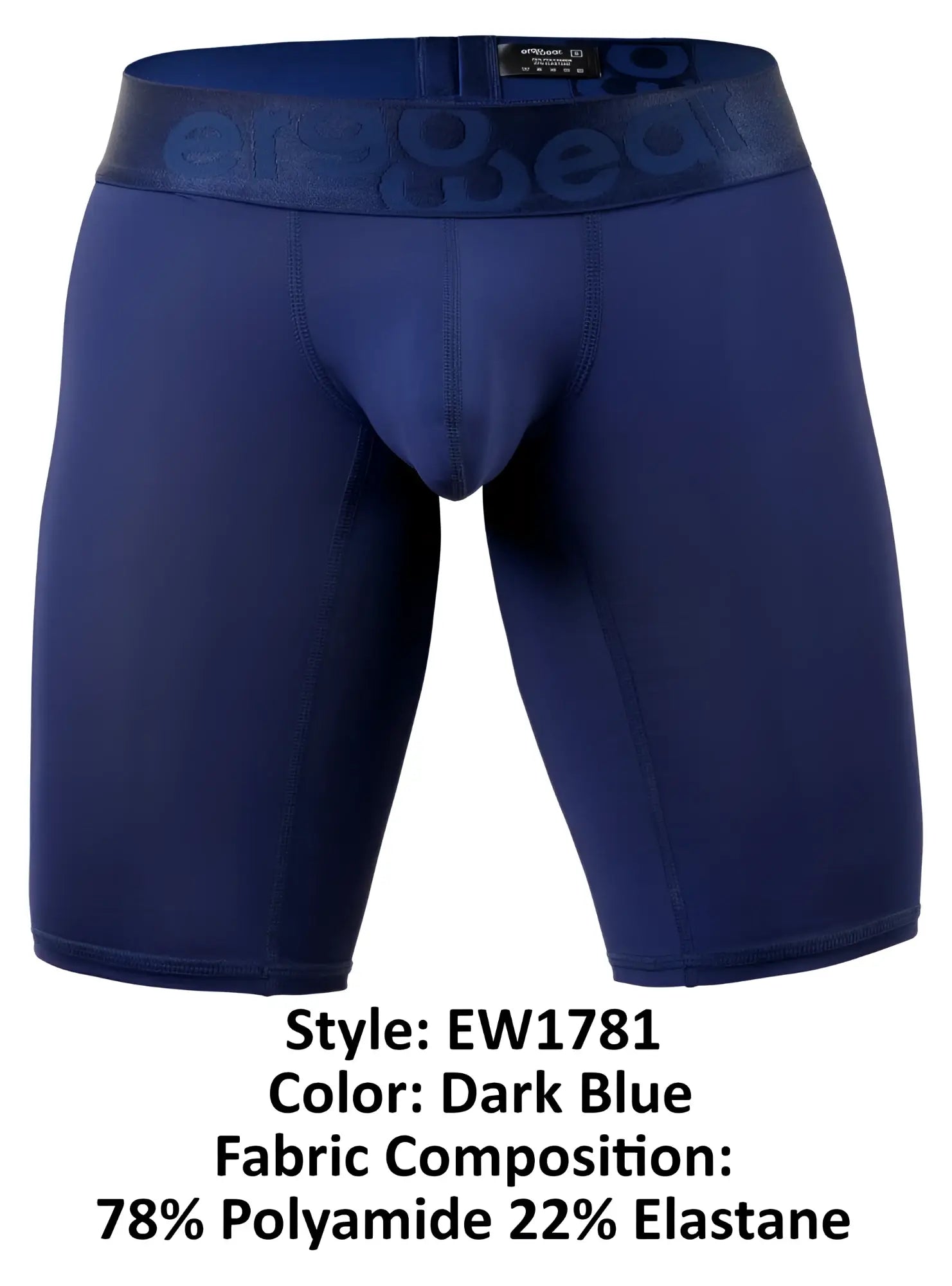 Dark blue ergoWear ew1781 max bold men’s boxer briefs with matching embossed begood waistband for athletic use