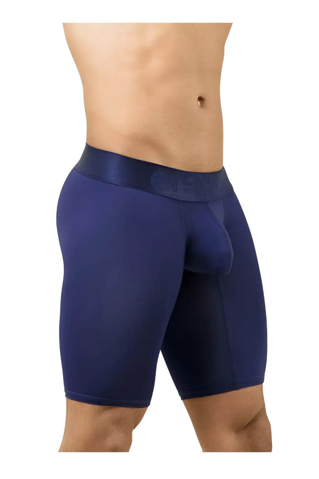 Navy blue men’s boxer briefs with satin waistband and embossed she logo from ergowear ew1781 max bold athletic shorts