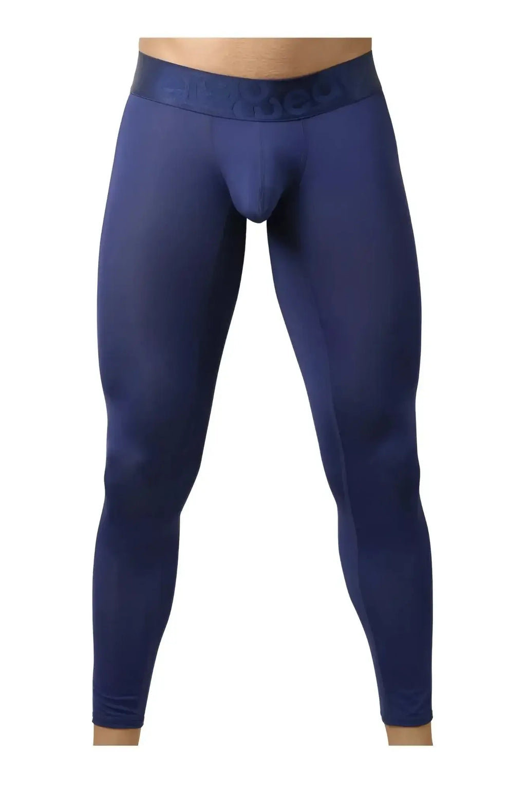 Navy blue men’s compression tights with embossed ergo wear branding on elastic waistband for athletic use