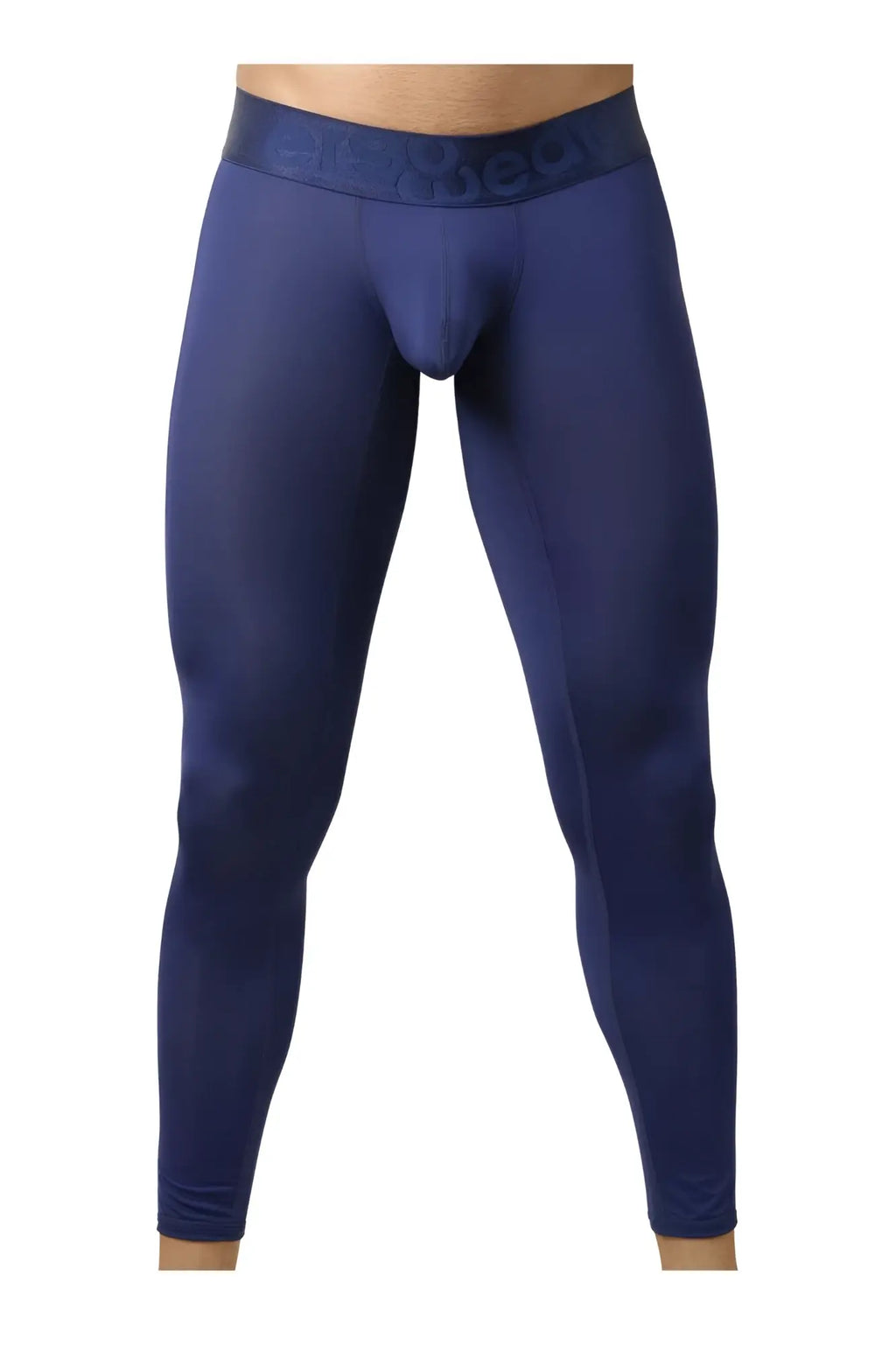 Navy blue men’s compression tights with embossed ergo wear branding on elastic waistband for athletic use