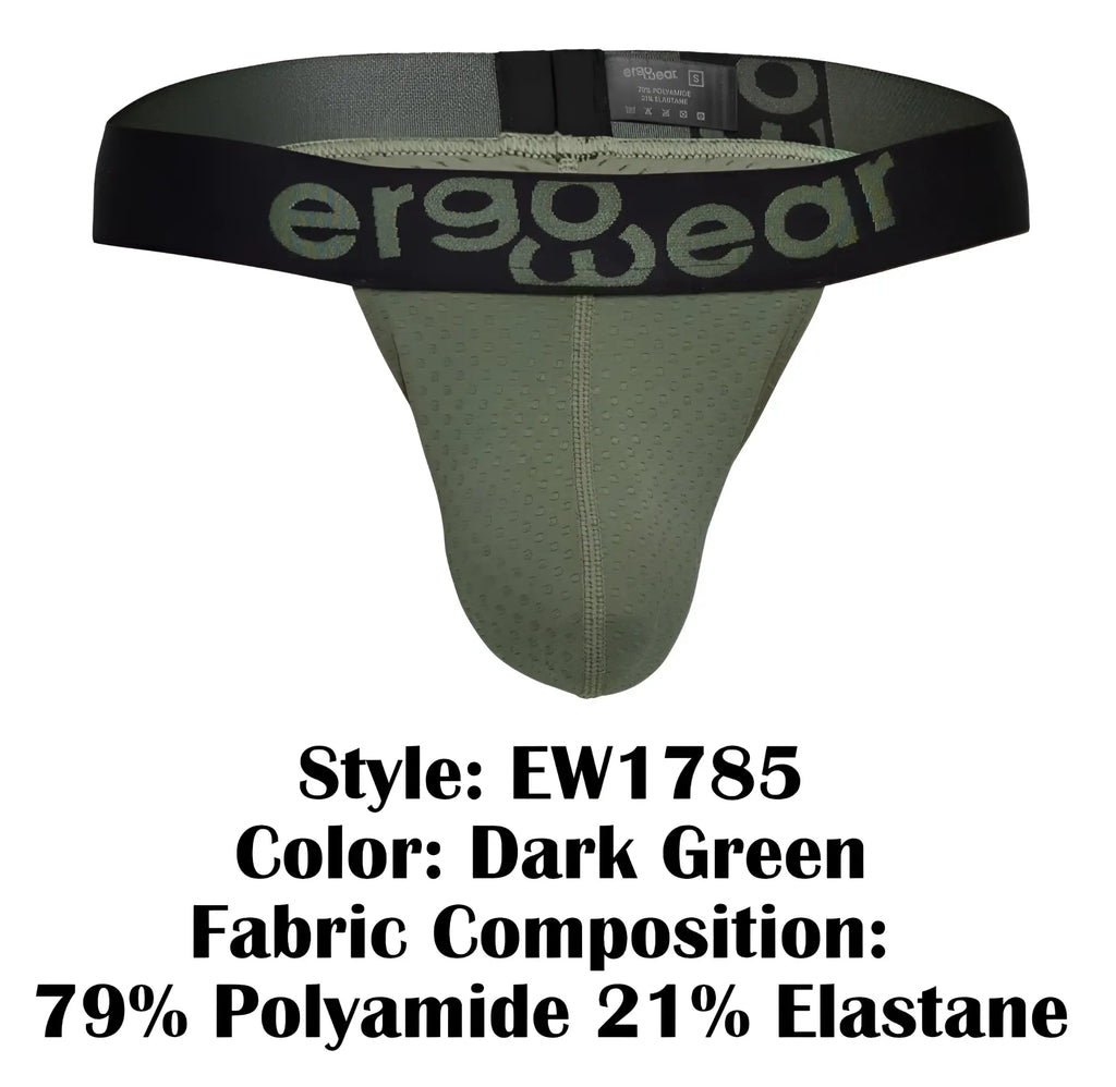 Dark green ergo wear ew1785 max flow g-string briefs with black ergonomic waistband and gray logo detailing