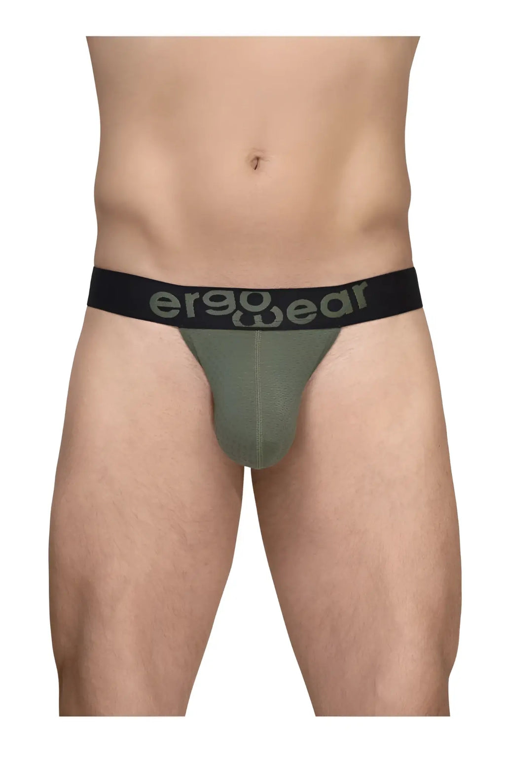 Olive green ergonomic briefs with black waistband and ergo wear logo in gray featuring max flow fabric