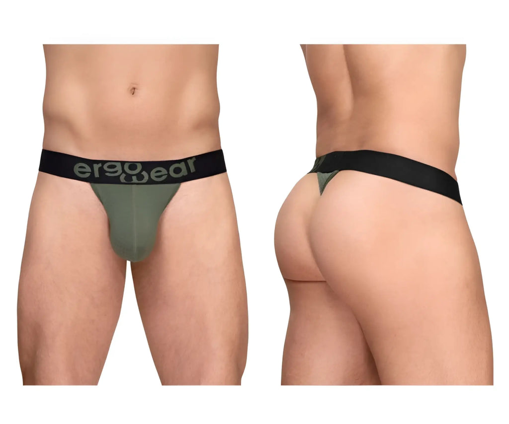 Olive green ergonomic g-string briefs with black waistband and ergo wear logo for comfortable support