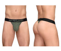 Olive green ergonomic g-string briefs with black waistband and ergo wear logo for comfortable support