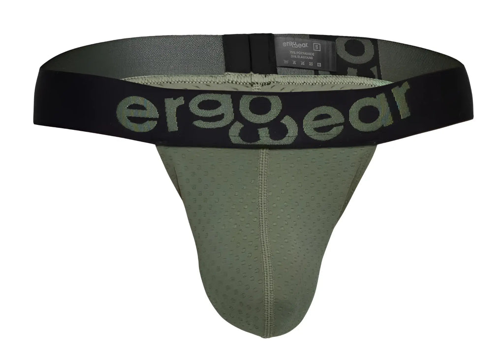 Olive green ergonomic support brief with black waistband and ergo wear branding in dark green ew1785 max flow g-string style