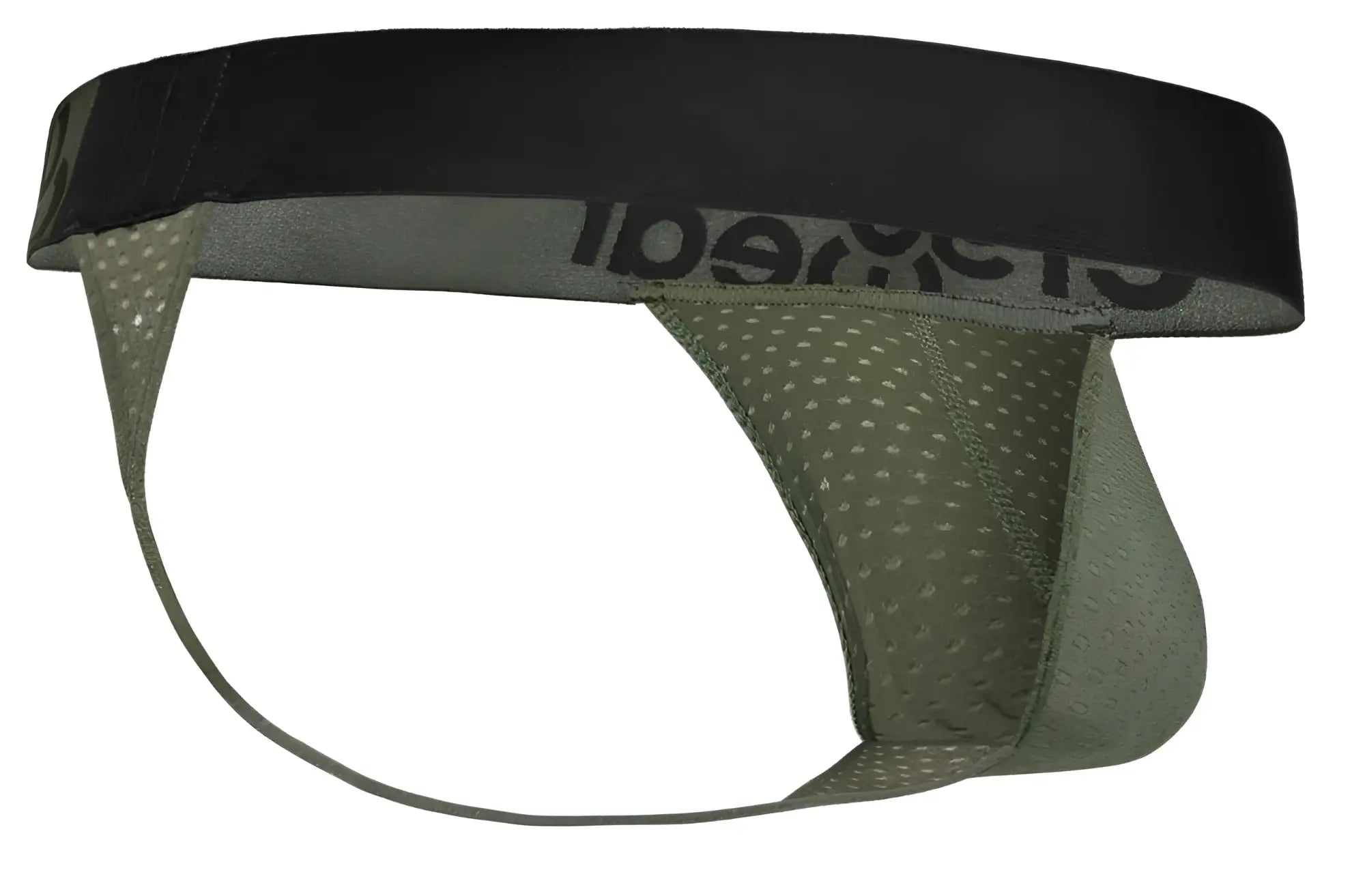 Ergowear ew1785 max flow g-string in olive green mesh with black elastic waistband and cheetah branding