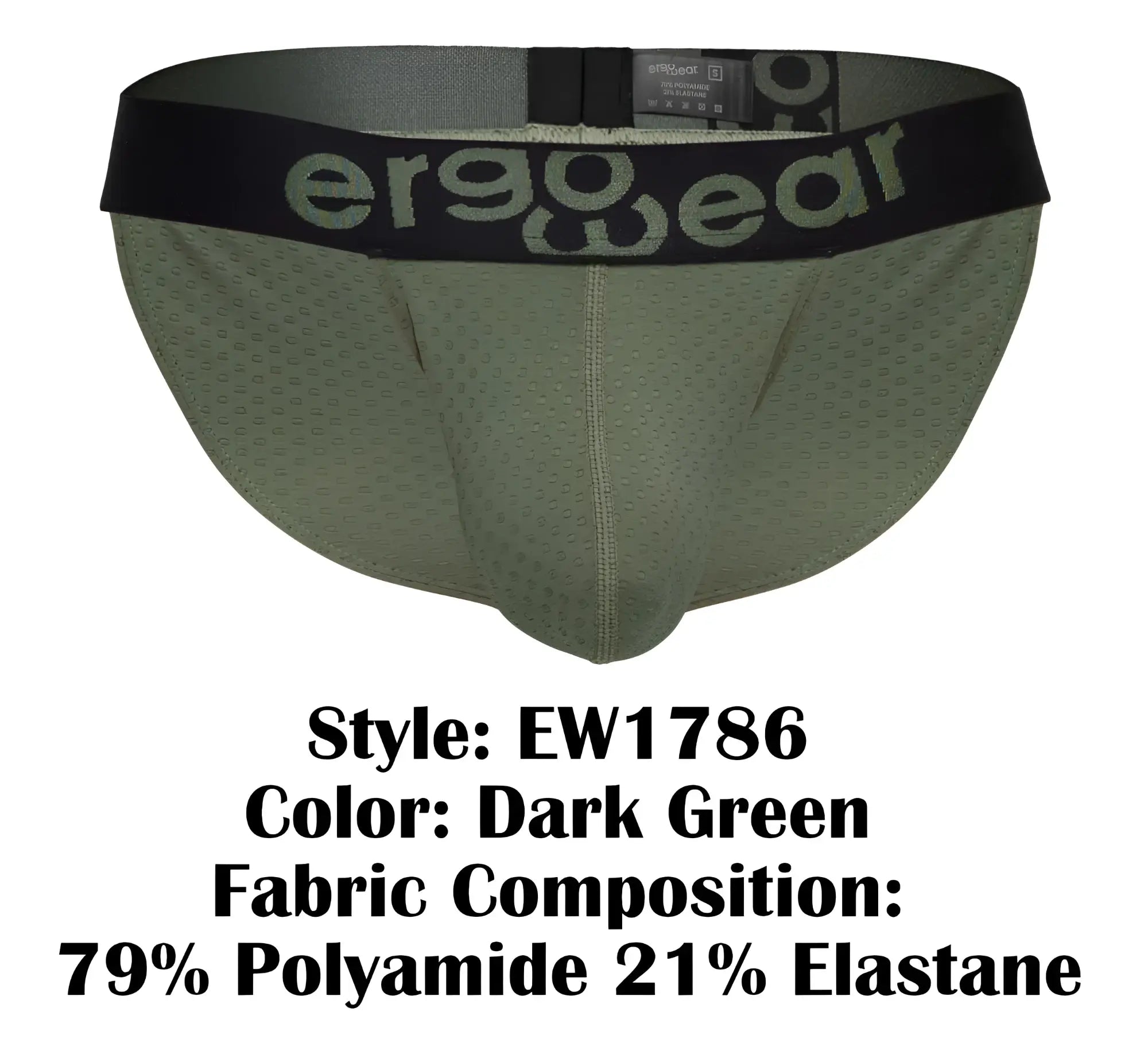 Dark green ergo wear ew1786 max flow bikini briefs with ergonomic design and black waistband with gray logo
