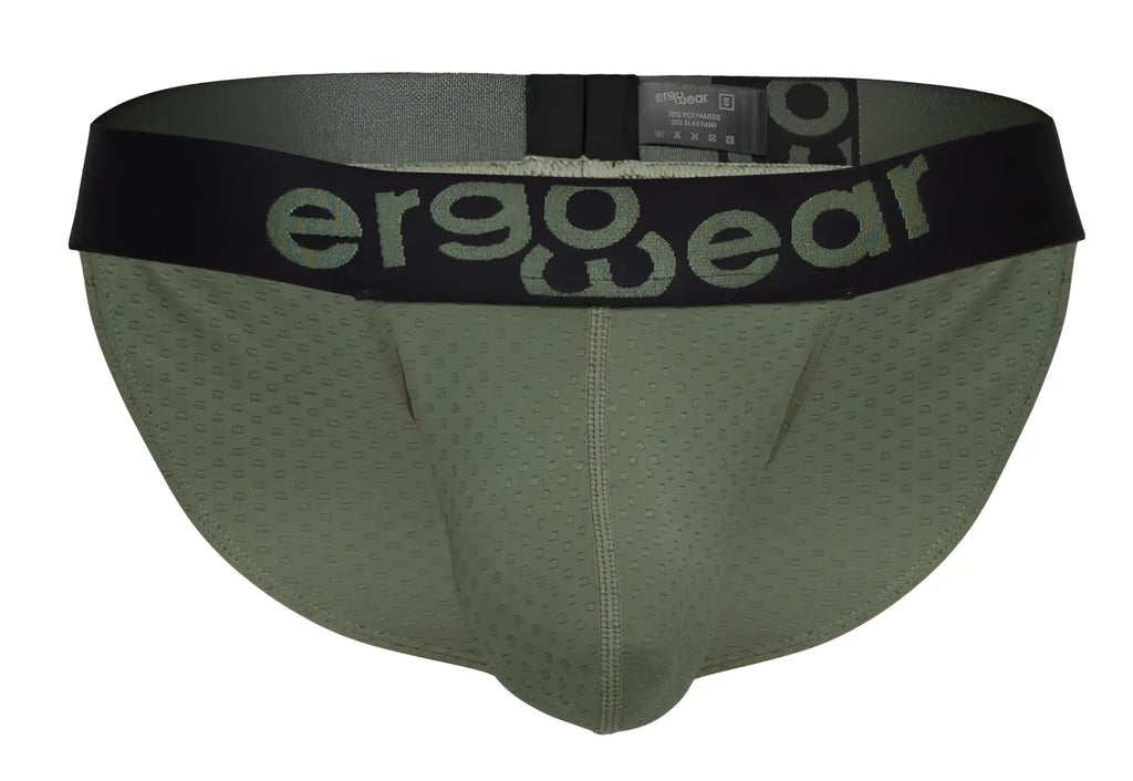 Olive green ergonomic briefs with black waistband featuring ergo wear logo in gray for comfortable daily wear