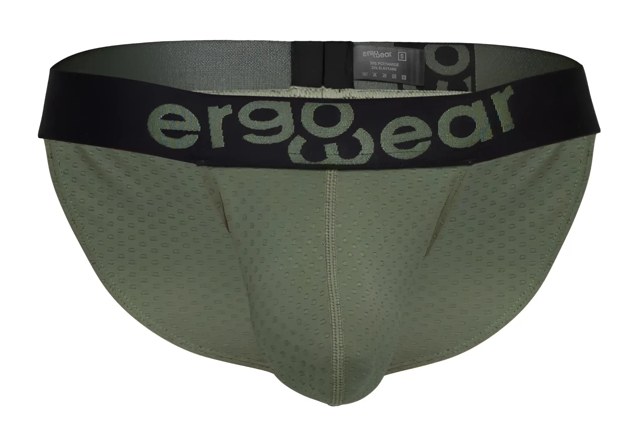Olive green ergonomic briefs with black waistband featuring ergo wear logo in gray for comfortable daily wear