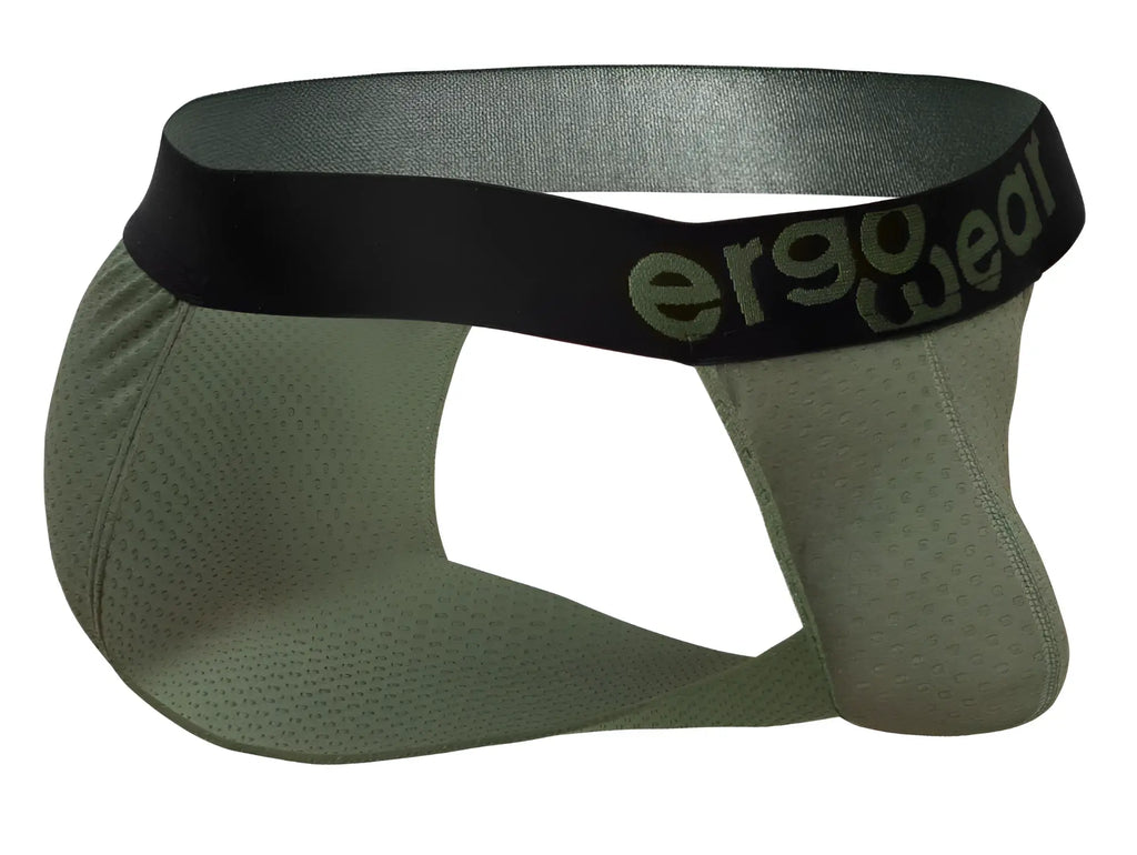 Olive green ergonomic briefs with black waistband featuring ergo wear logo in max flow bikini style ew1786 for comfort