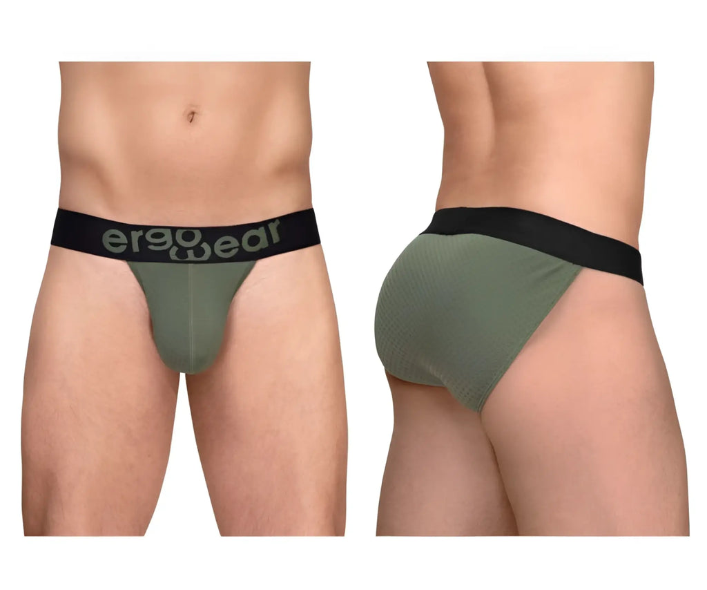 Olive green ergonomic briefs with black waistband and ergo wear branding from ergowear ew1786 max flow bikini collection