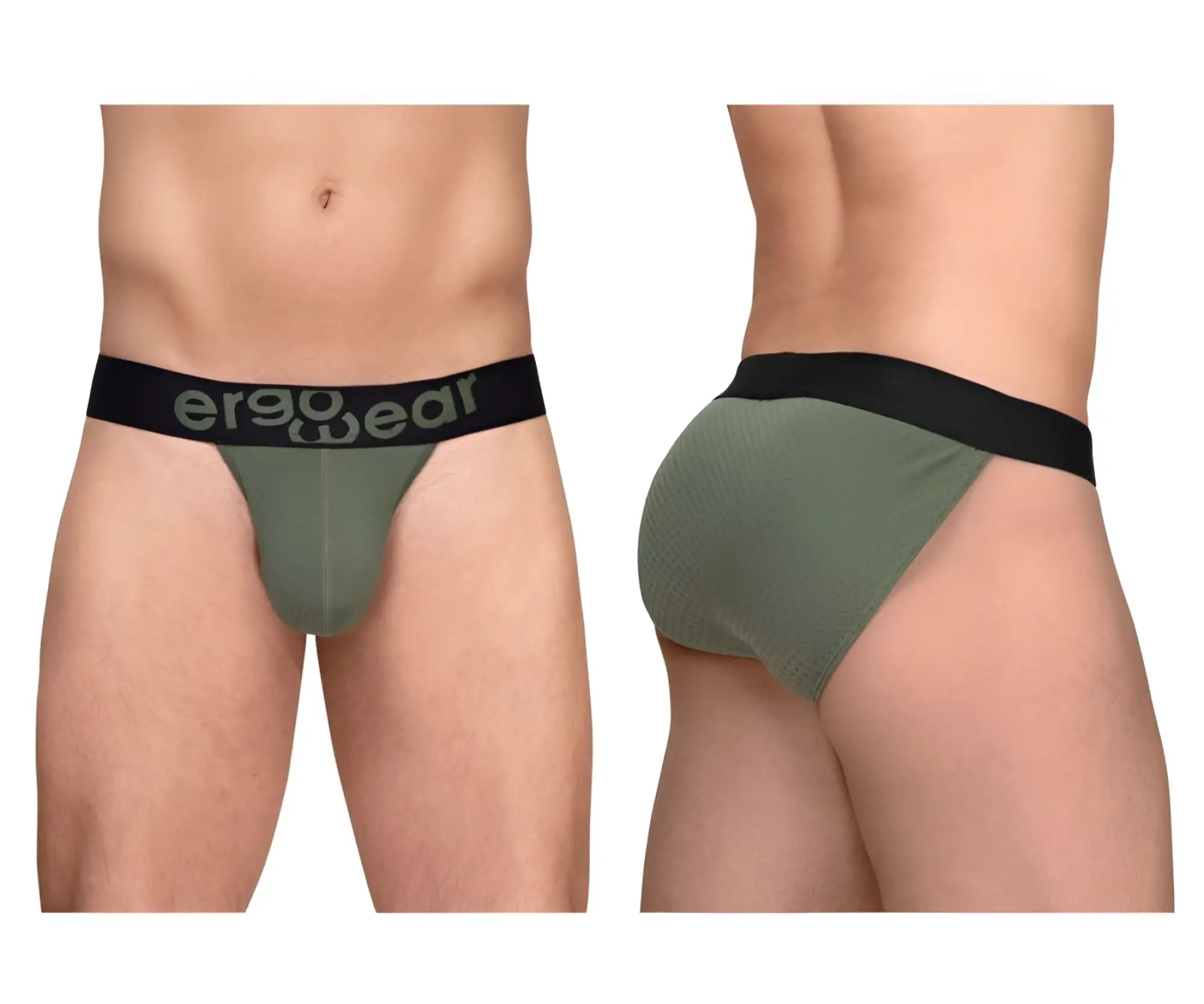 Olive green ergonomic briefs with black waistband and ergo wear branding from ergowear ew1786 max flow bikini collection