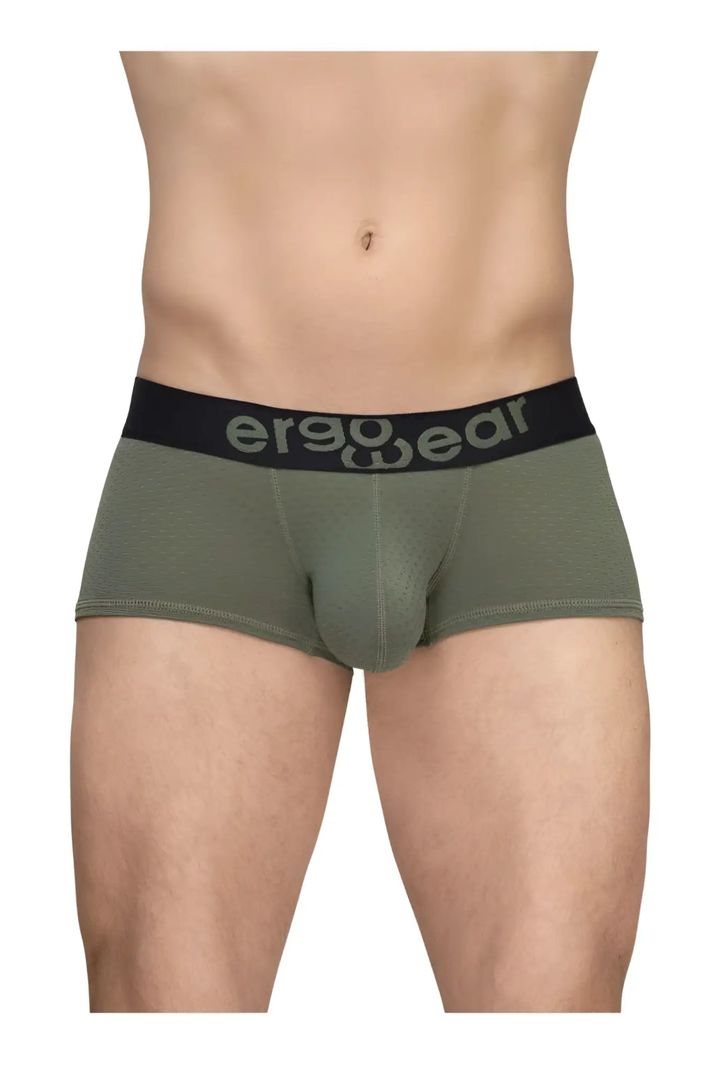 Olive green ergonomic briefs with black waistband and gray ergo wear logo for comfortable support and max flow ventilation