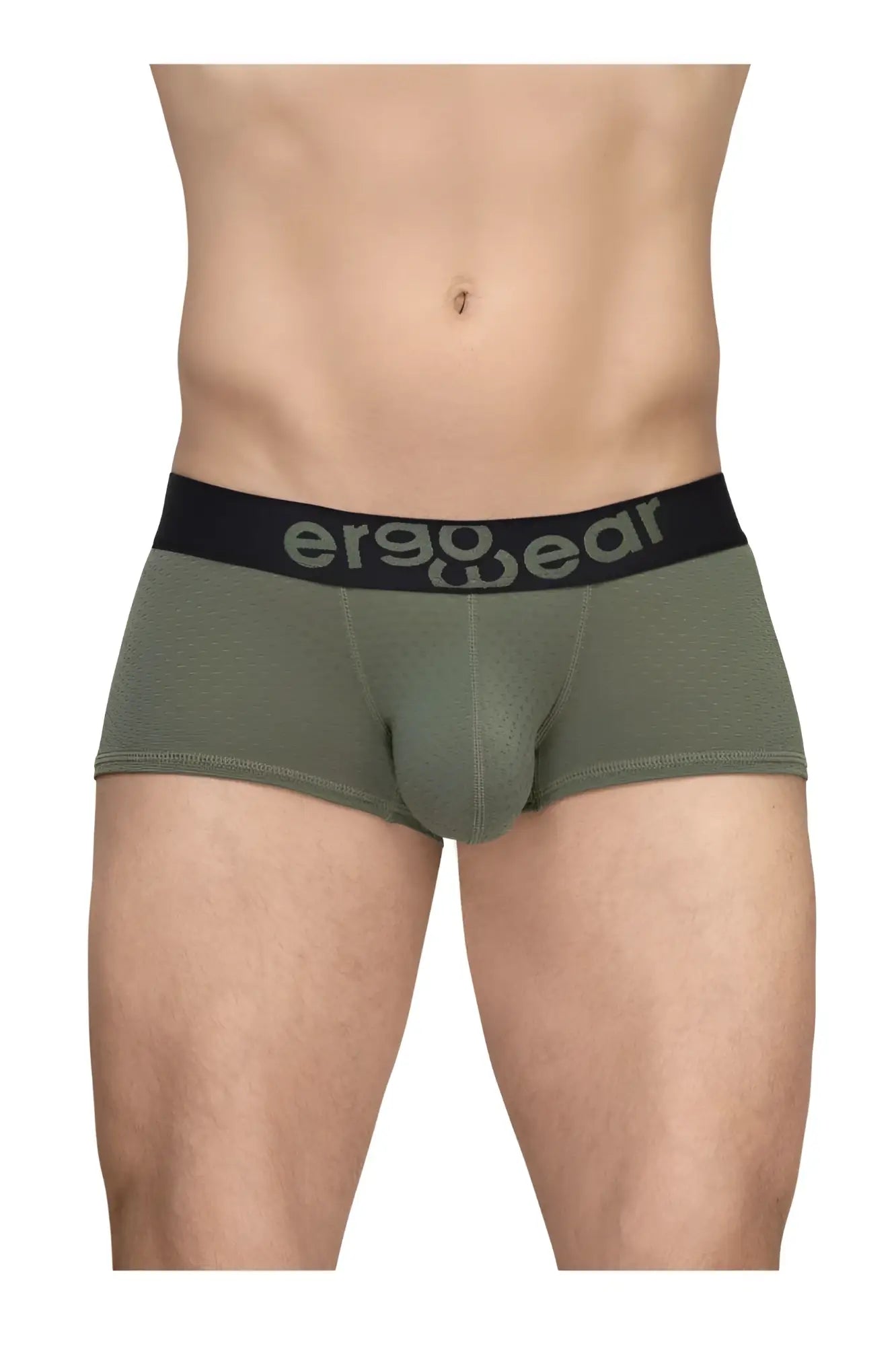 Olive green ergonomic briefs with black waistband and gray ergo wear logo for comfortable support and max flow ventilation