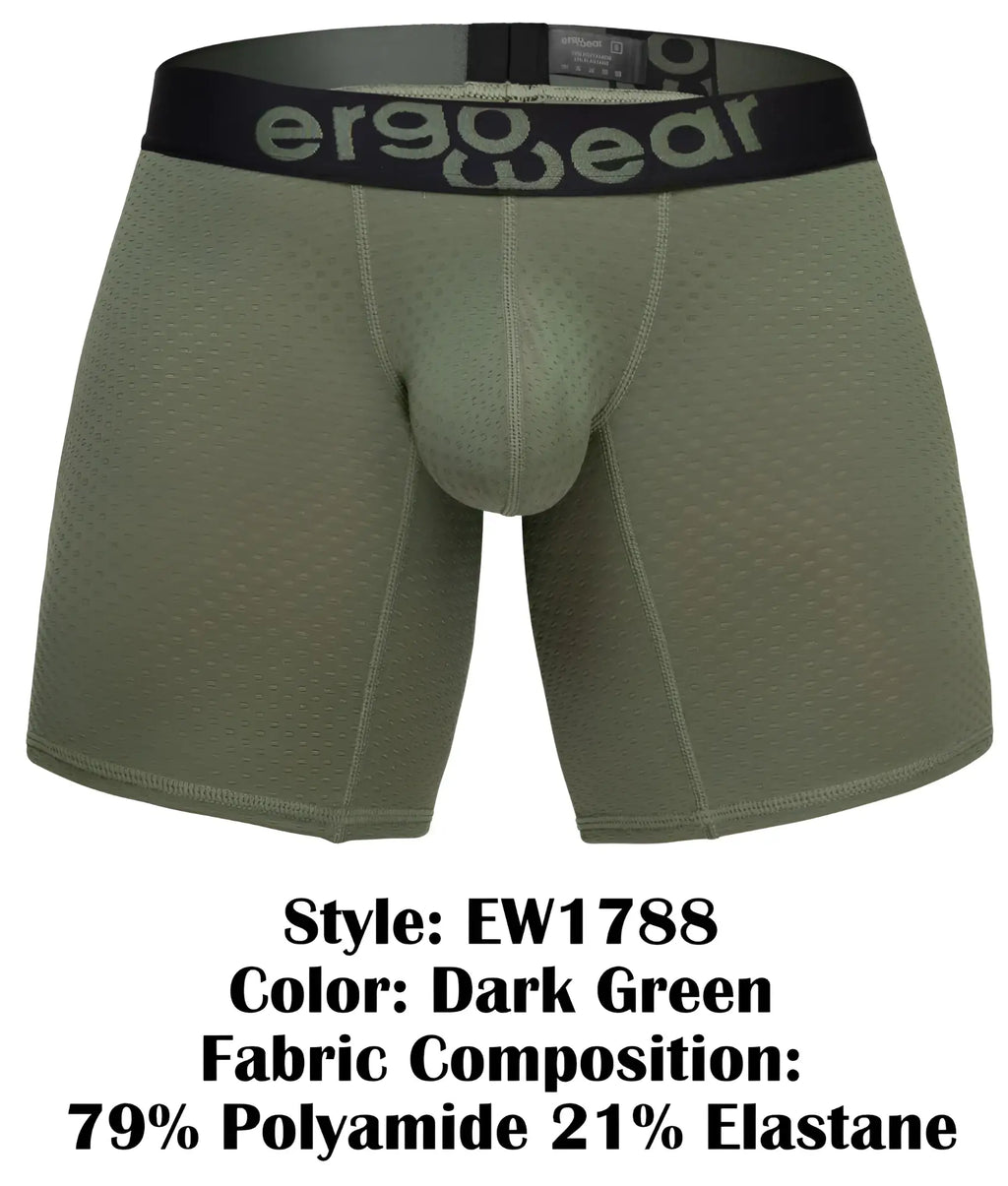 Dark green ergo wear ew1788 max flow boxer briefs with black waistband made of 79 polyamide and 21 elastane