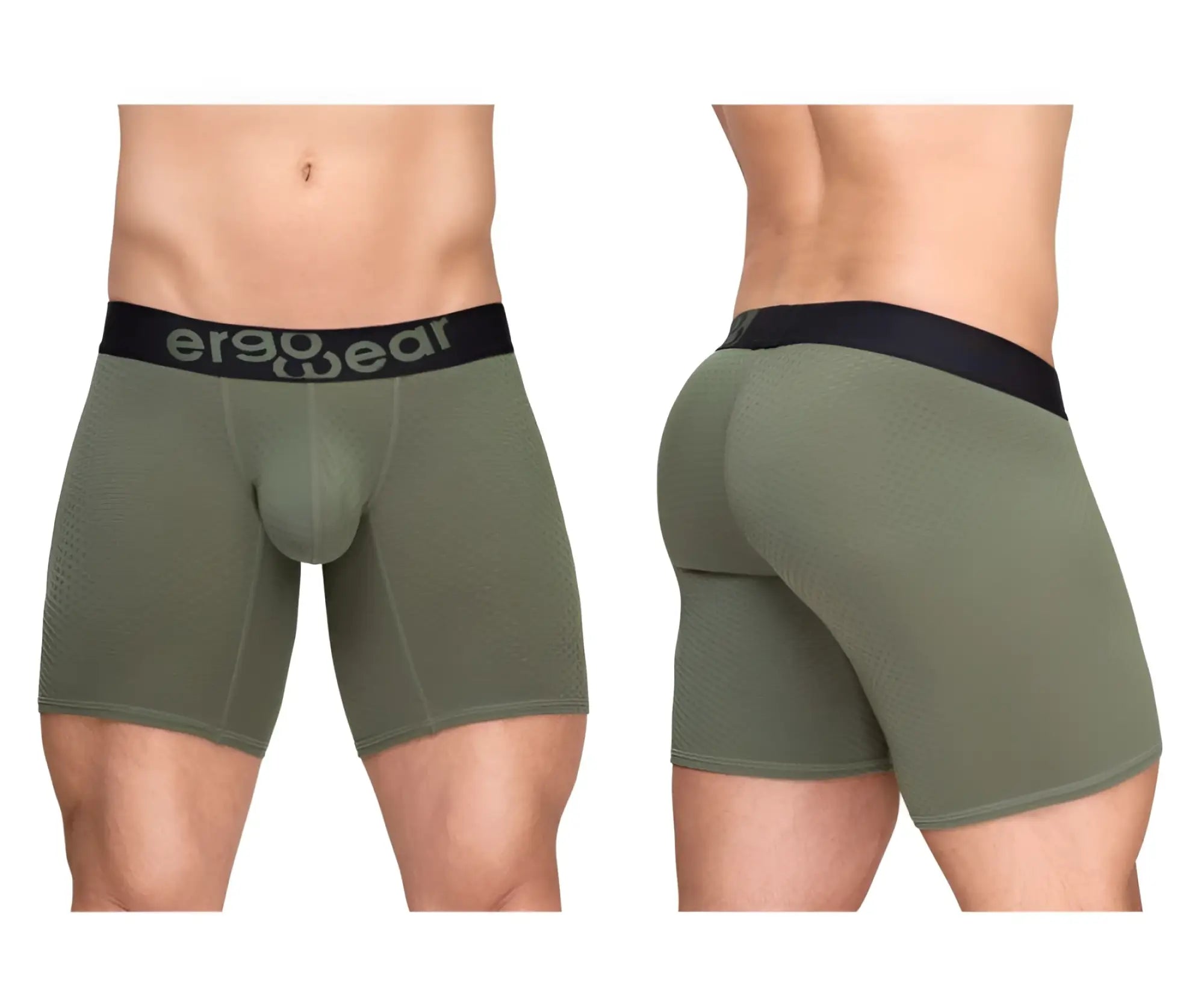 ErgoWear EW1788 MAX FLOW olive green ergonomic boxer briefs with black waistband featuring er90wear logo