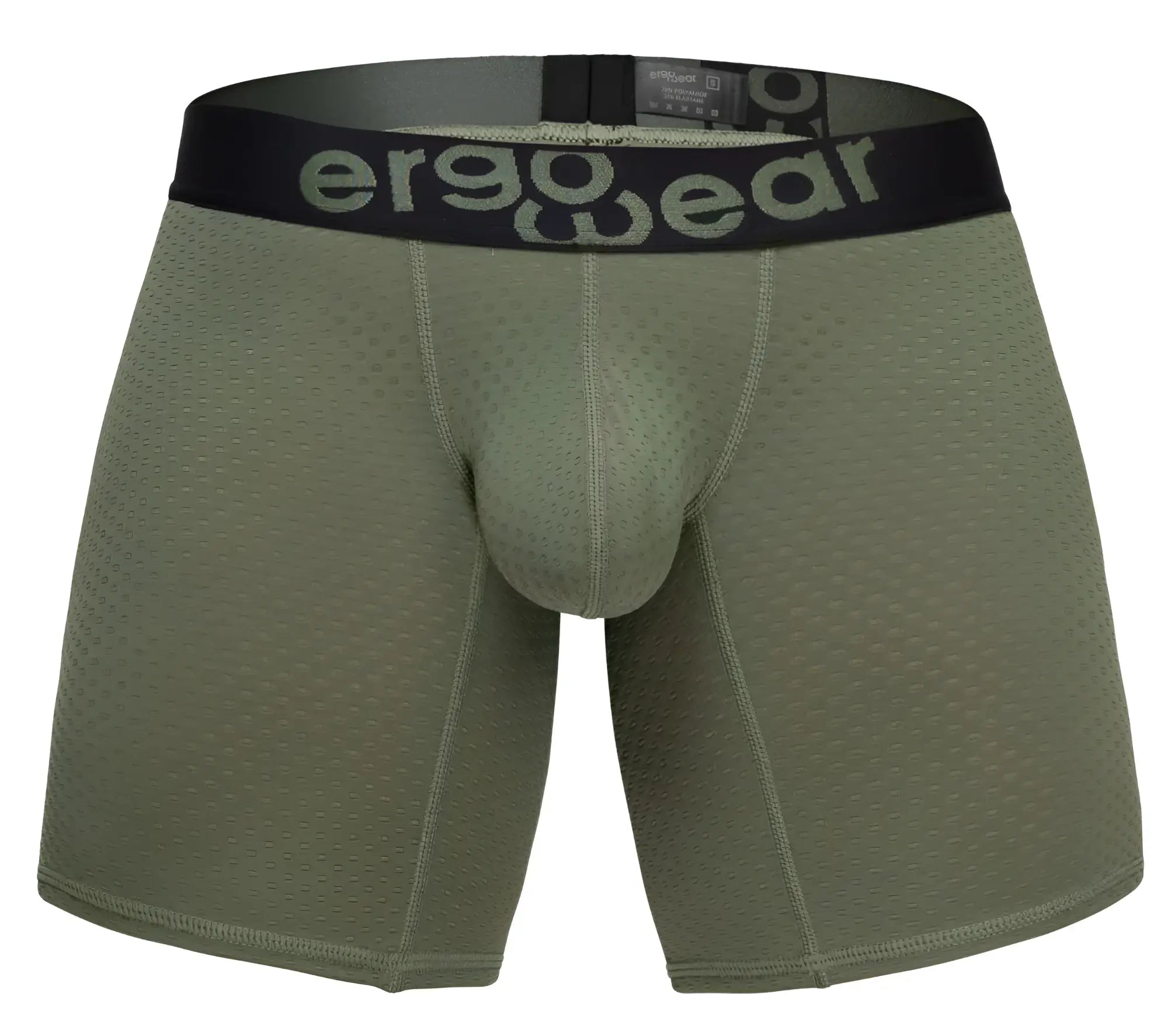 Olive green ergonomic boxer briefs with black ergo wear waistband designed for maximum airflow and comfort
