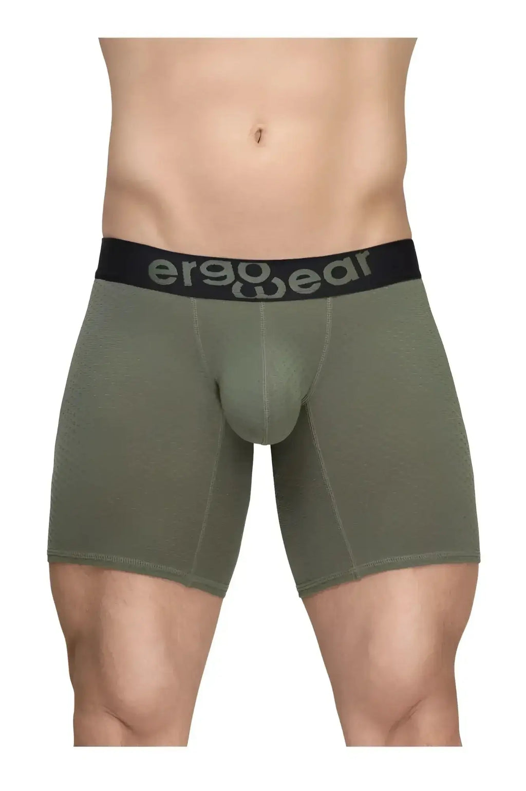 Olive green ergonomic boxer briefs with black ergowear waistband designed for comfort and support
