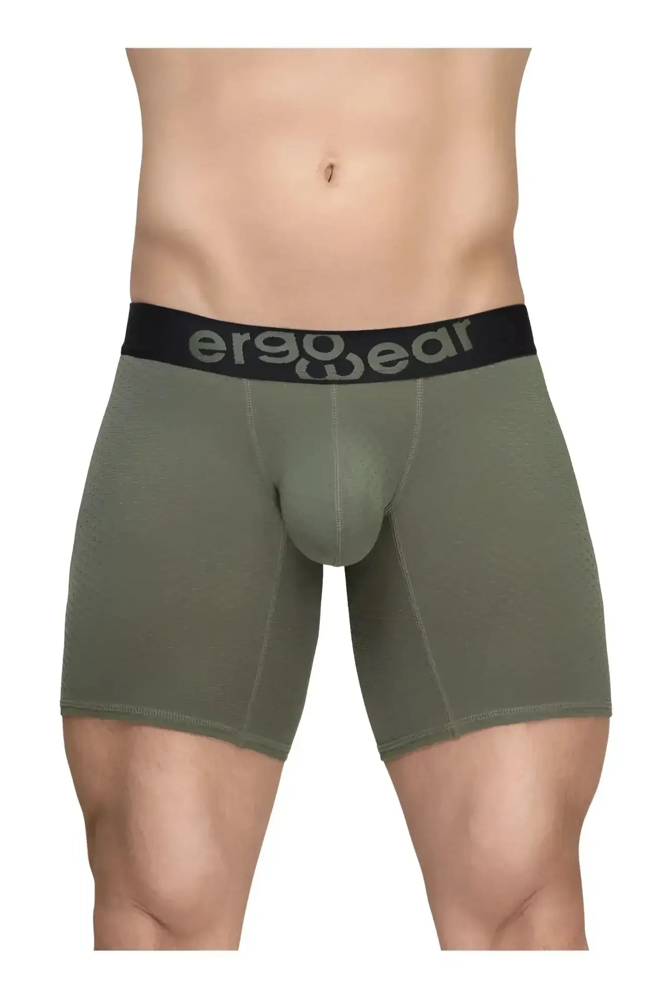 Olive green ergonomic boxer briefs with black ergowear waistband designed for comfort and support