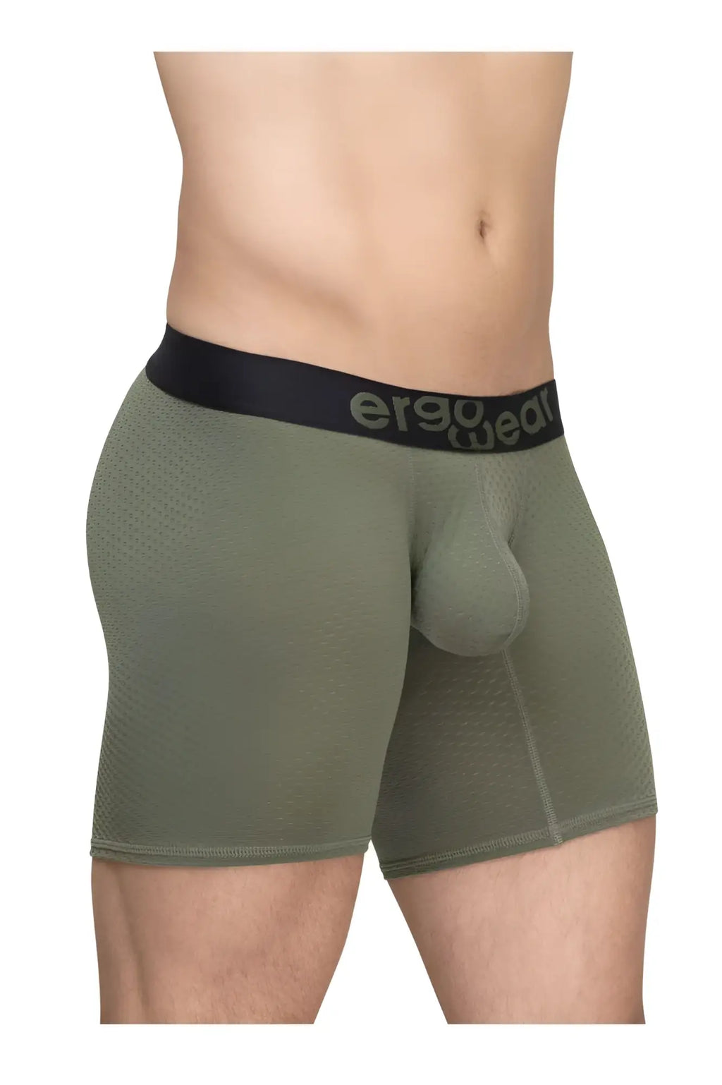 Olive green ergonomic boxer briefs with black ergojeans waistband designed for maximum flow comfort