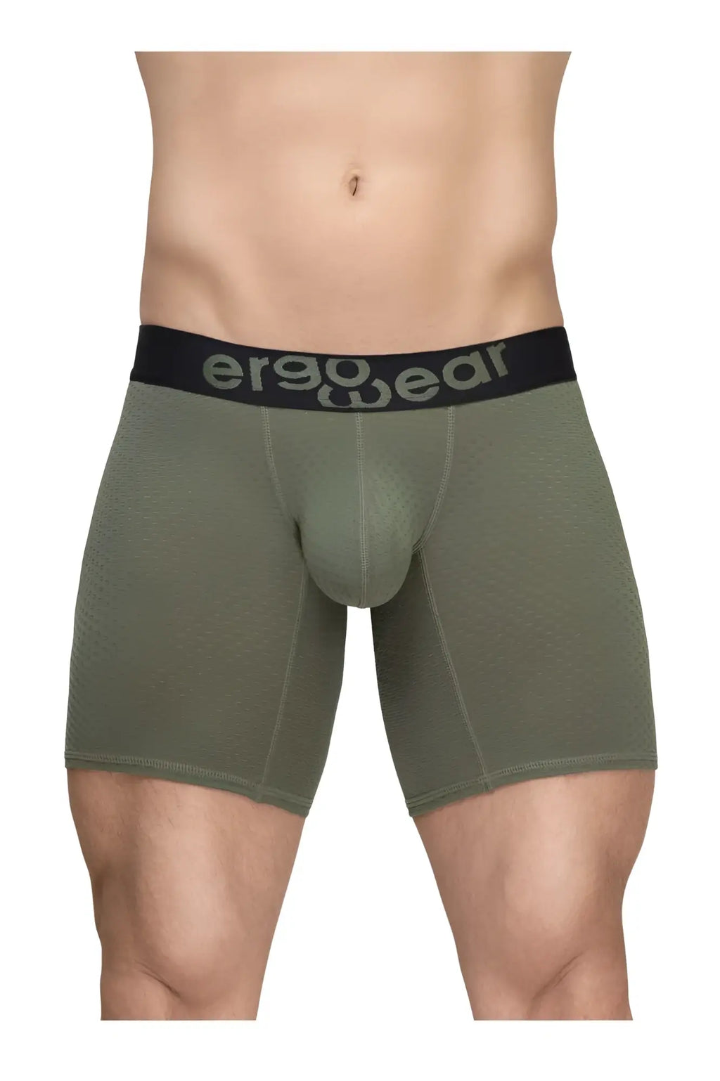 Olive green ergonomic boxer briefs with black ergowear waistband designed for comfort and support
