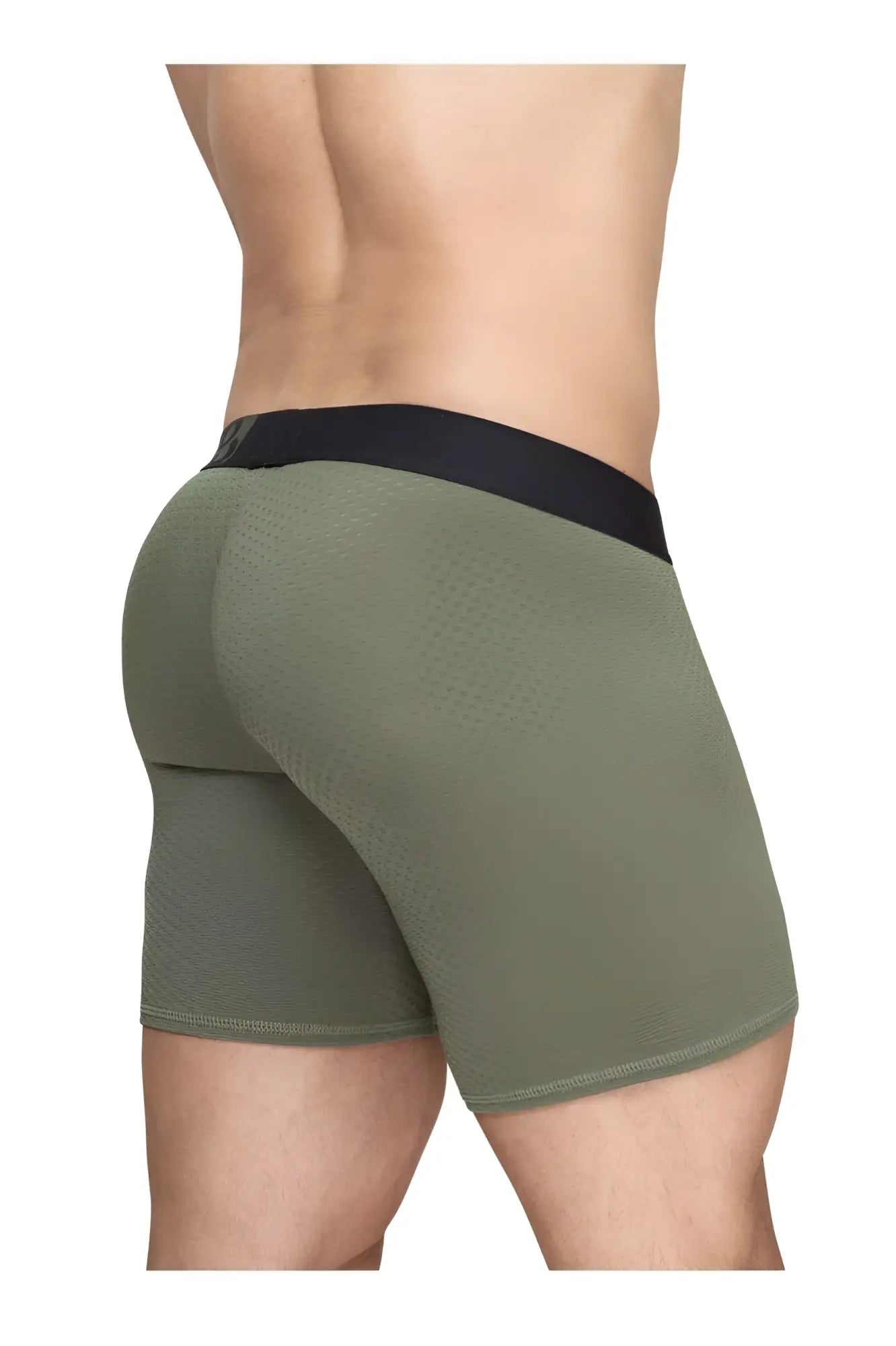 Olive green textured men’s boxer briefs with black elastic waistband by ergowear ew1788 max flow for comfort and support