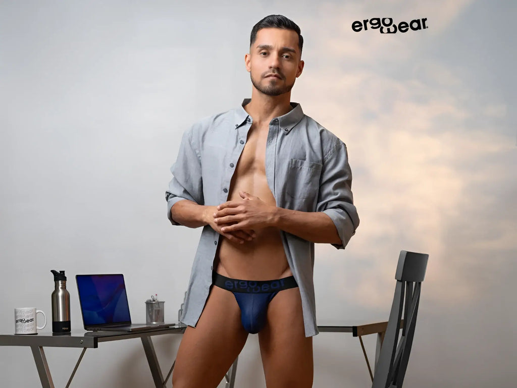 Navy blue ergonomic briefs with black elastic waistband featuring ergowear logo in the ergo wear ew1789 max flow g-string