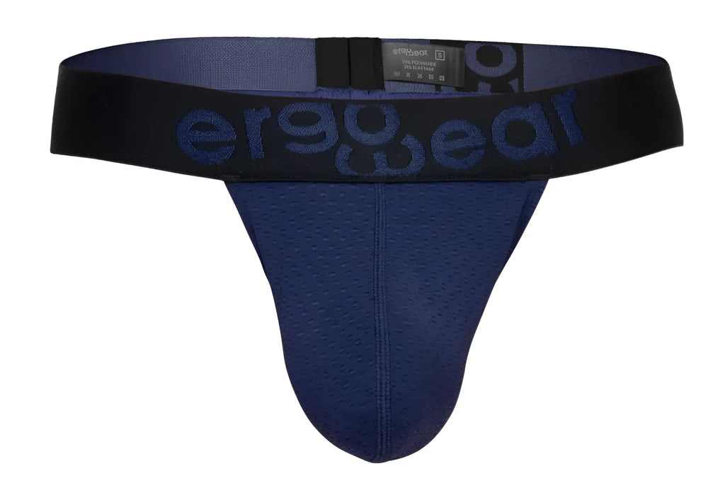 Navy blue ergonomic brief with black waistband and ergo wear logo in dark blue on the back side, model ew1789 max flow g-string