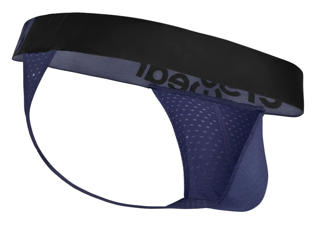Ergo wear ew1789 max flow g-string in navy blue mesh with black elastic waistband and cheetah branding front view