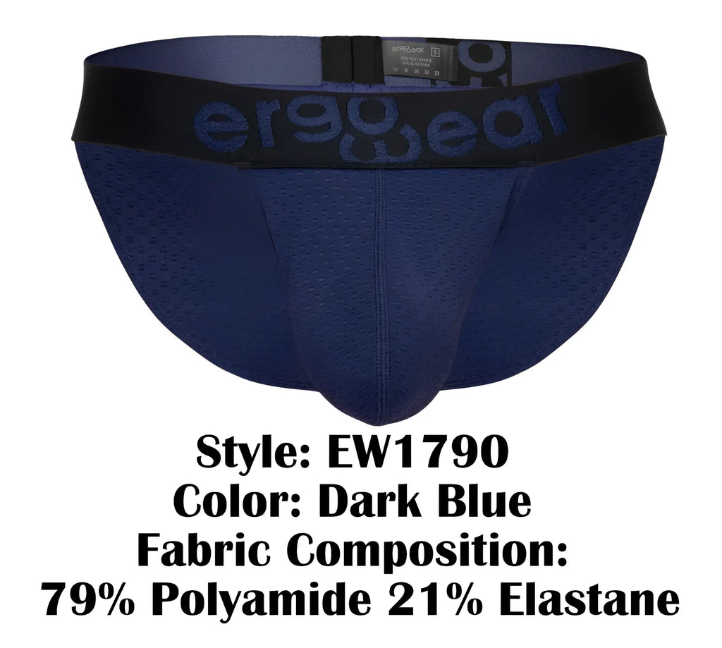 Dark blue ergo wear ew1790 max flow bikini briefs with perforated mesh and black waistband showing the back side