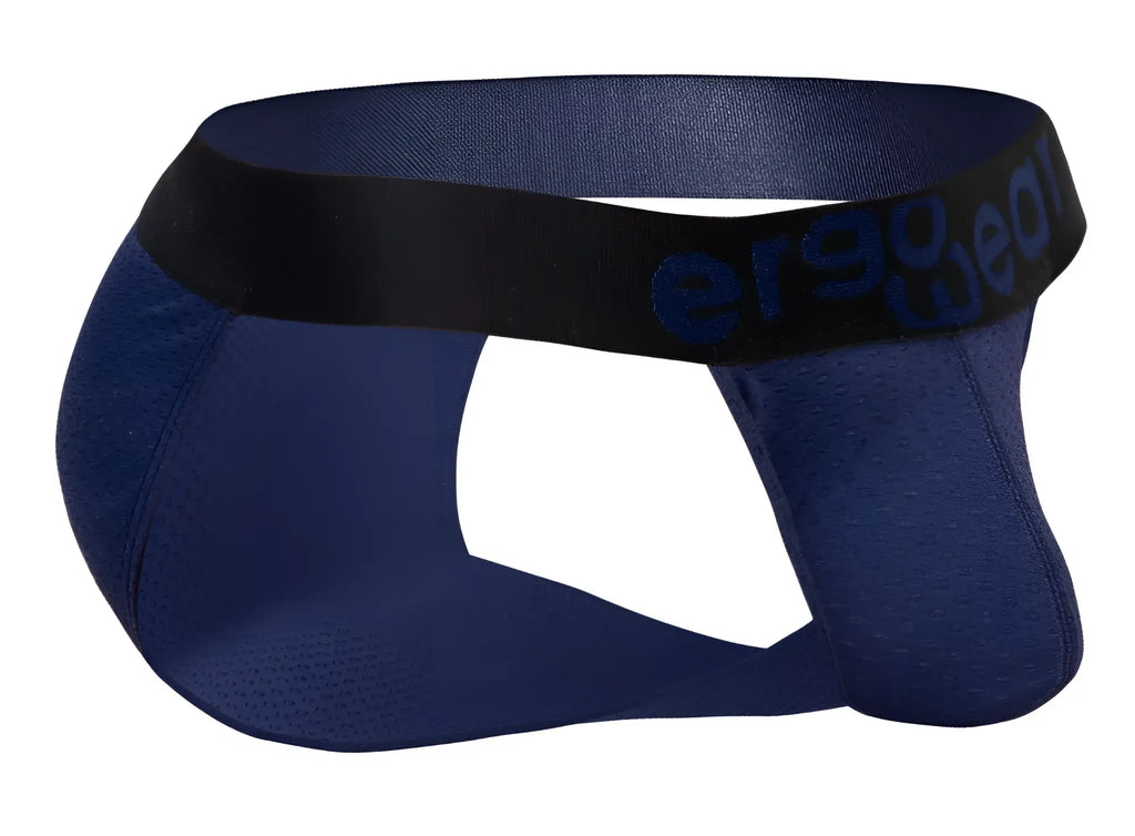 Navy blue ergonomic bikini brief with black elastic waistband and ergo wear branding in dark blue lettering