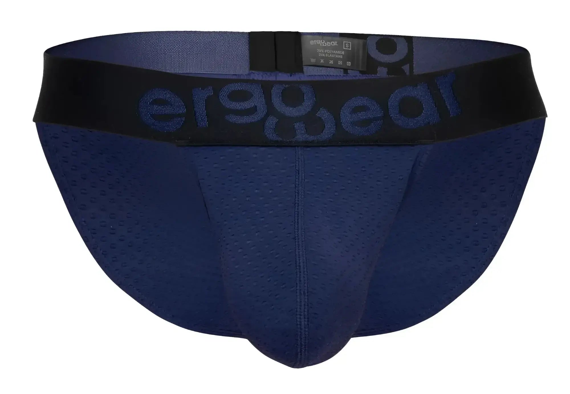 Navy blue perforated mesh briefs with black elastic waistband and ergo wear logo ergonomic design for breathability