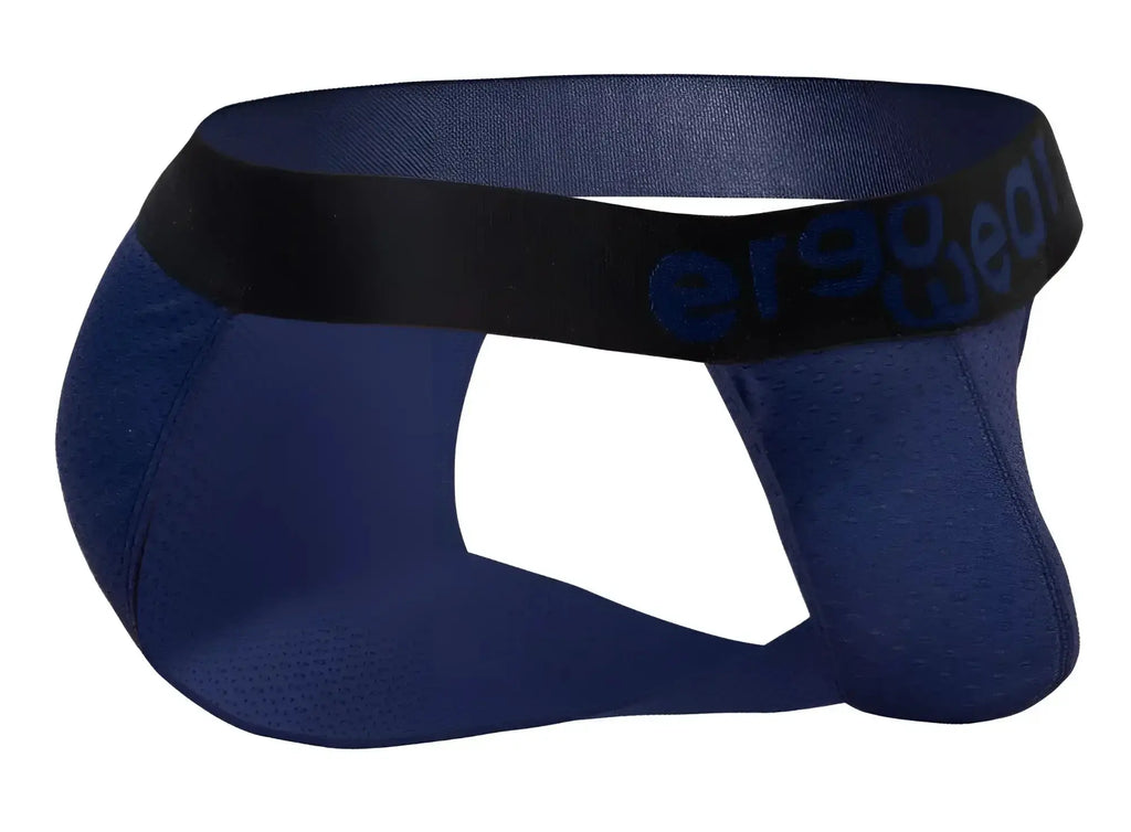 Navy blue ergonomic bikini brief with black elastic waistband and ergo wear branding in dark blue lettering